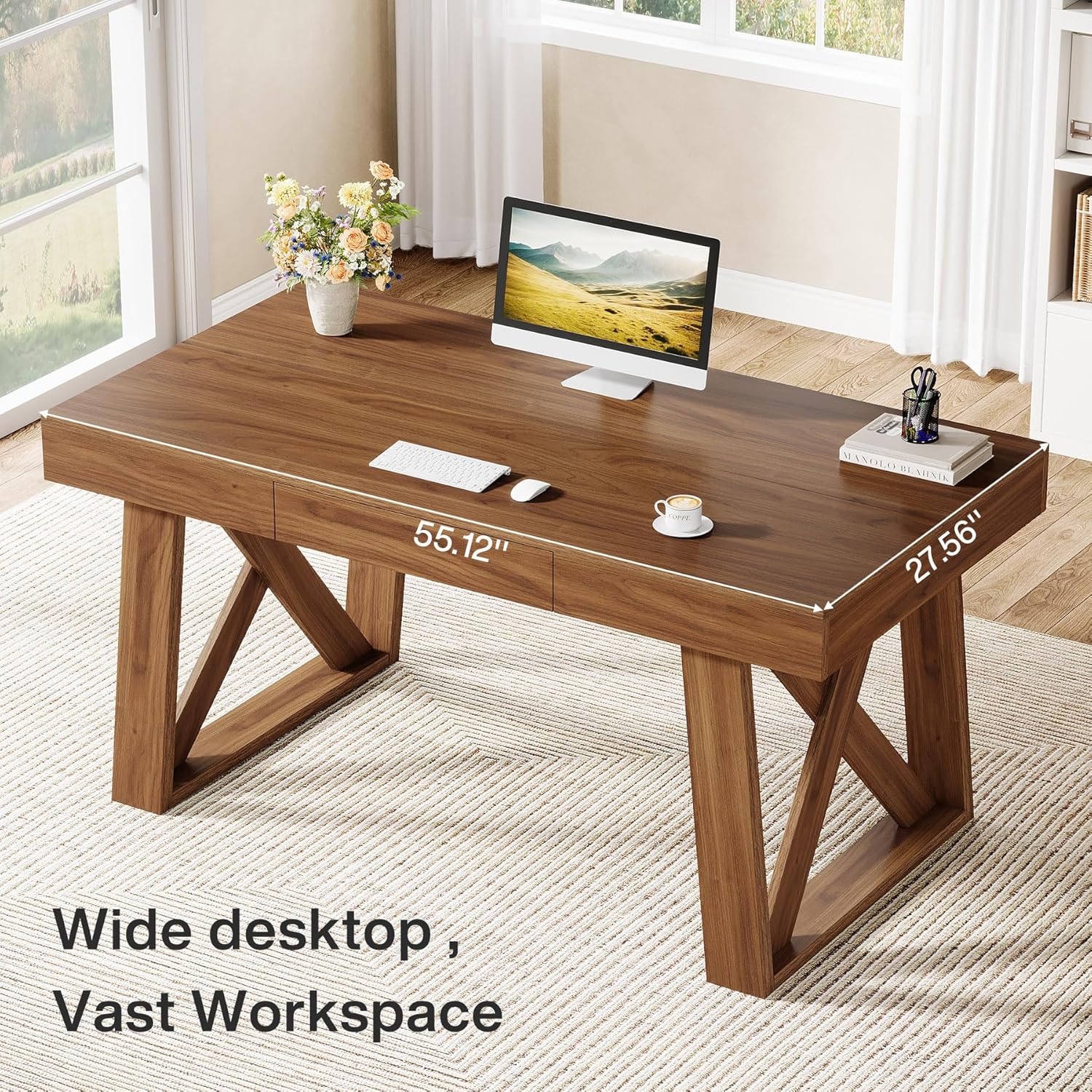 55" Executive Desk, Modern Computer Office Desk with Drawer Tribesigns