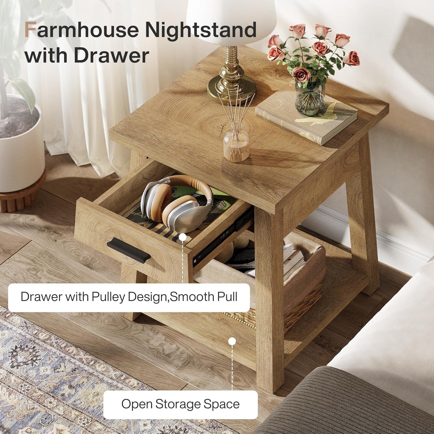 Square Nightstand with Drawer, Accent Bedside Table with Open Shelf for Bedroom