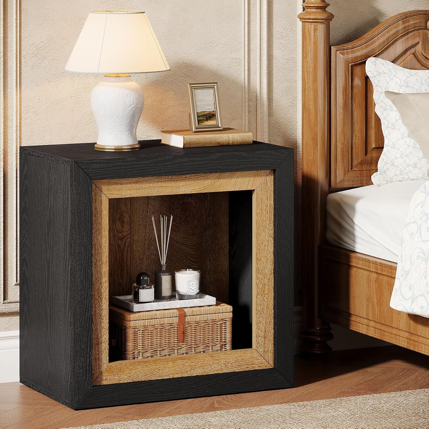 23.6" Nightstand, Wooden Cube Bedside Table with Frame-Inspired Design