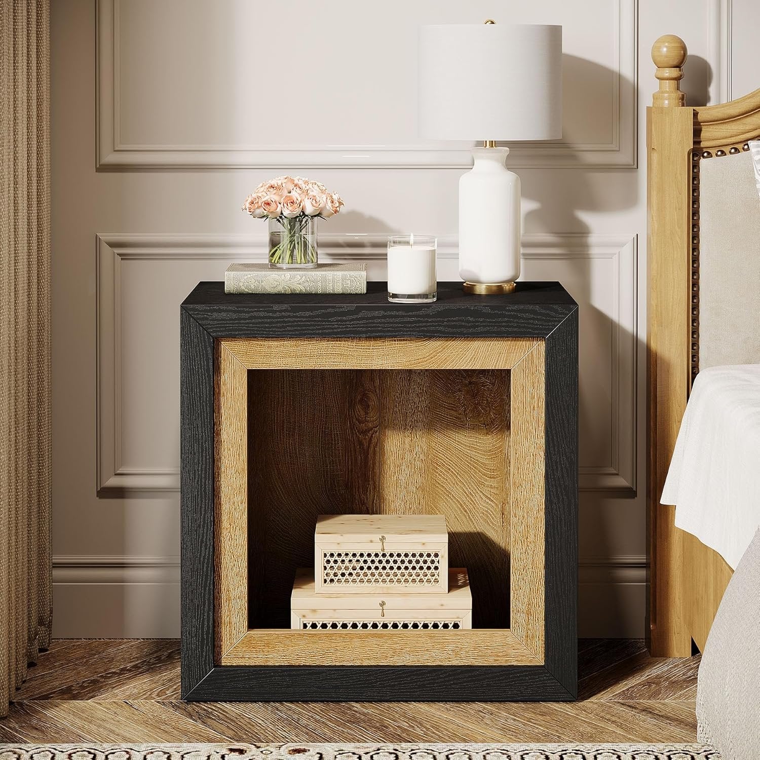 23.6" Nightstand, Wooden Cube Bedside Table with Frame-Inspired Design