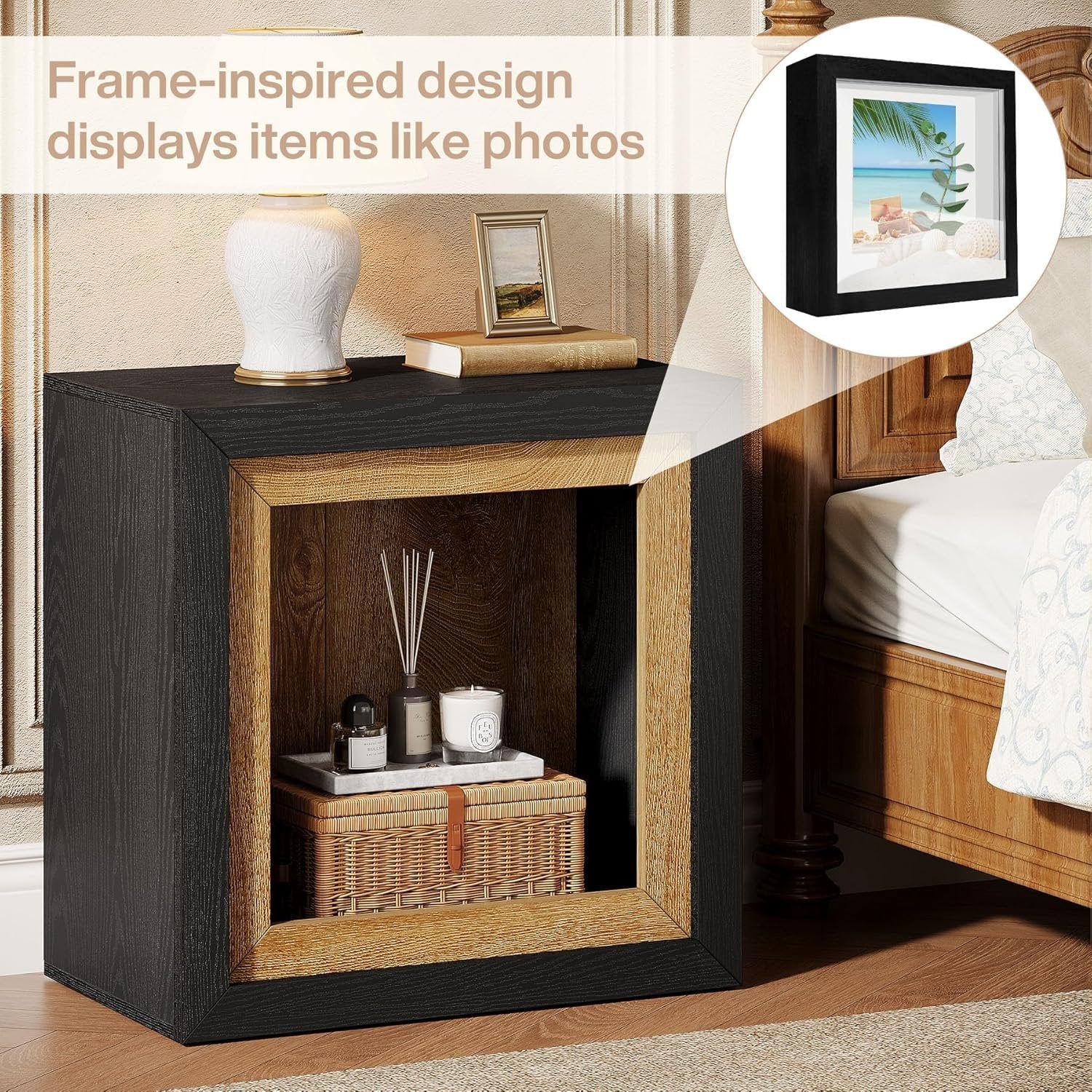 23.6" Nightstand, Wooden Cube Bedside Table with Frame-Inspired Design