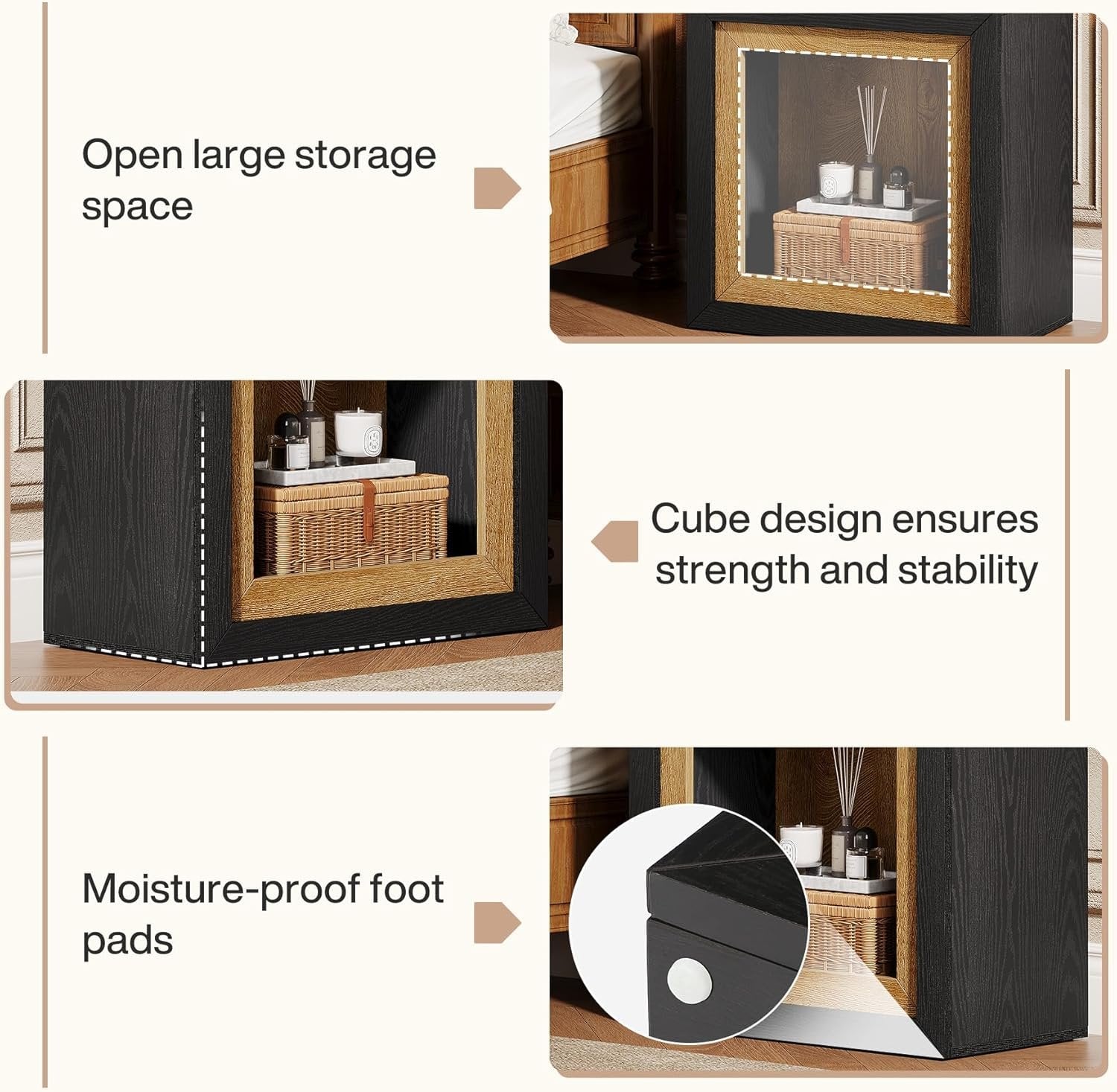 23.6" Nightstand, Wooden Cube Bedside Table with Frame-Inspired Design