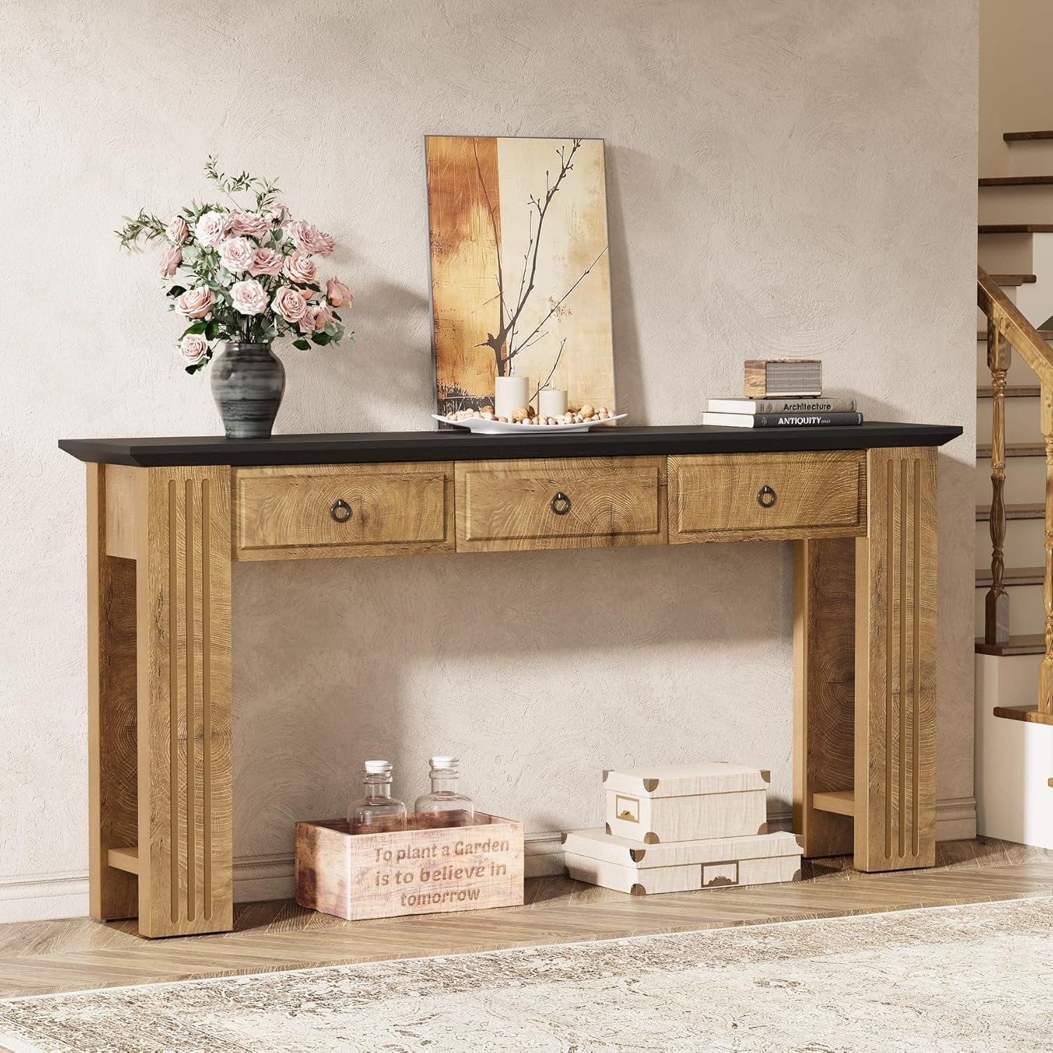 63" Console Table with 3 Drawers, Narrow Sofa Table Behind Couch
