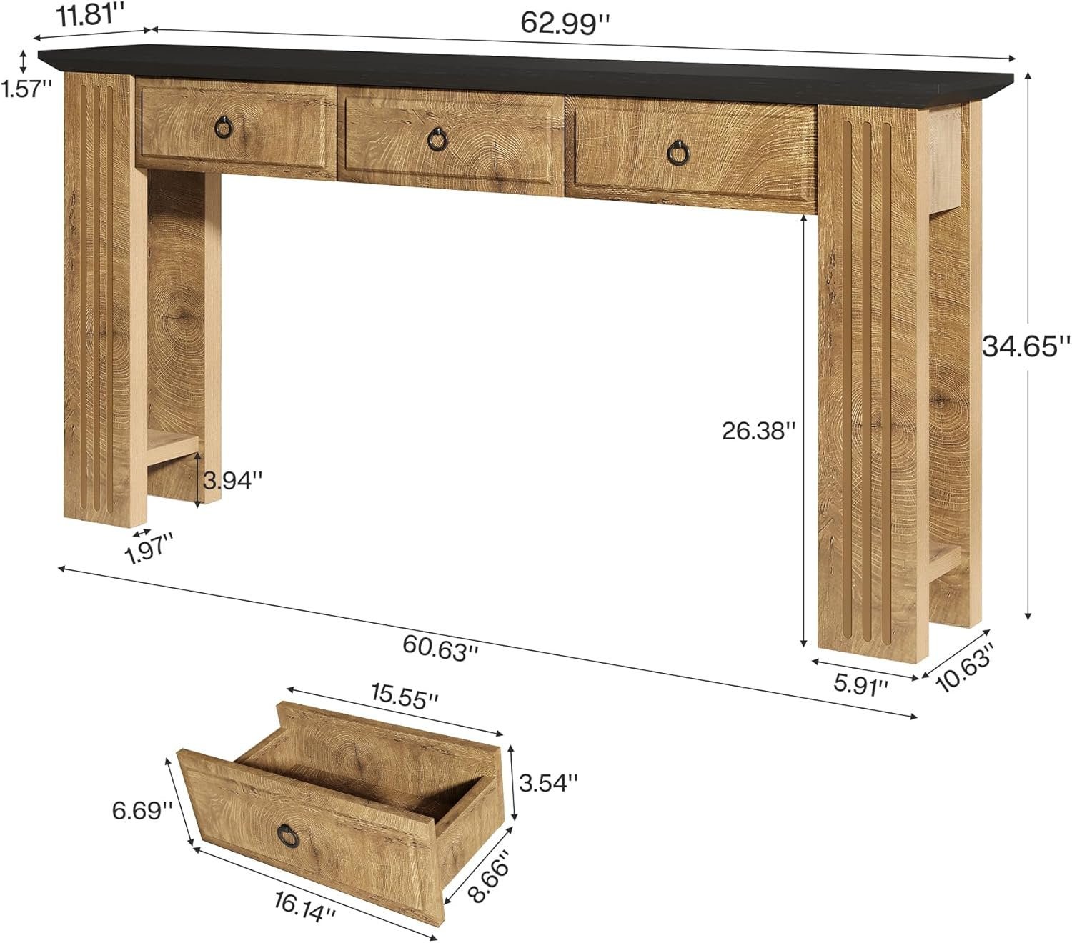 63" Console Table with 3 Drawers, Narrow Sofa Table Behind Couch