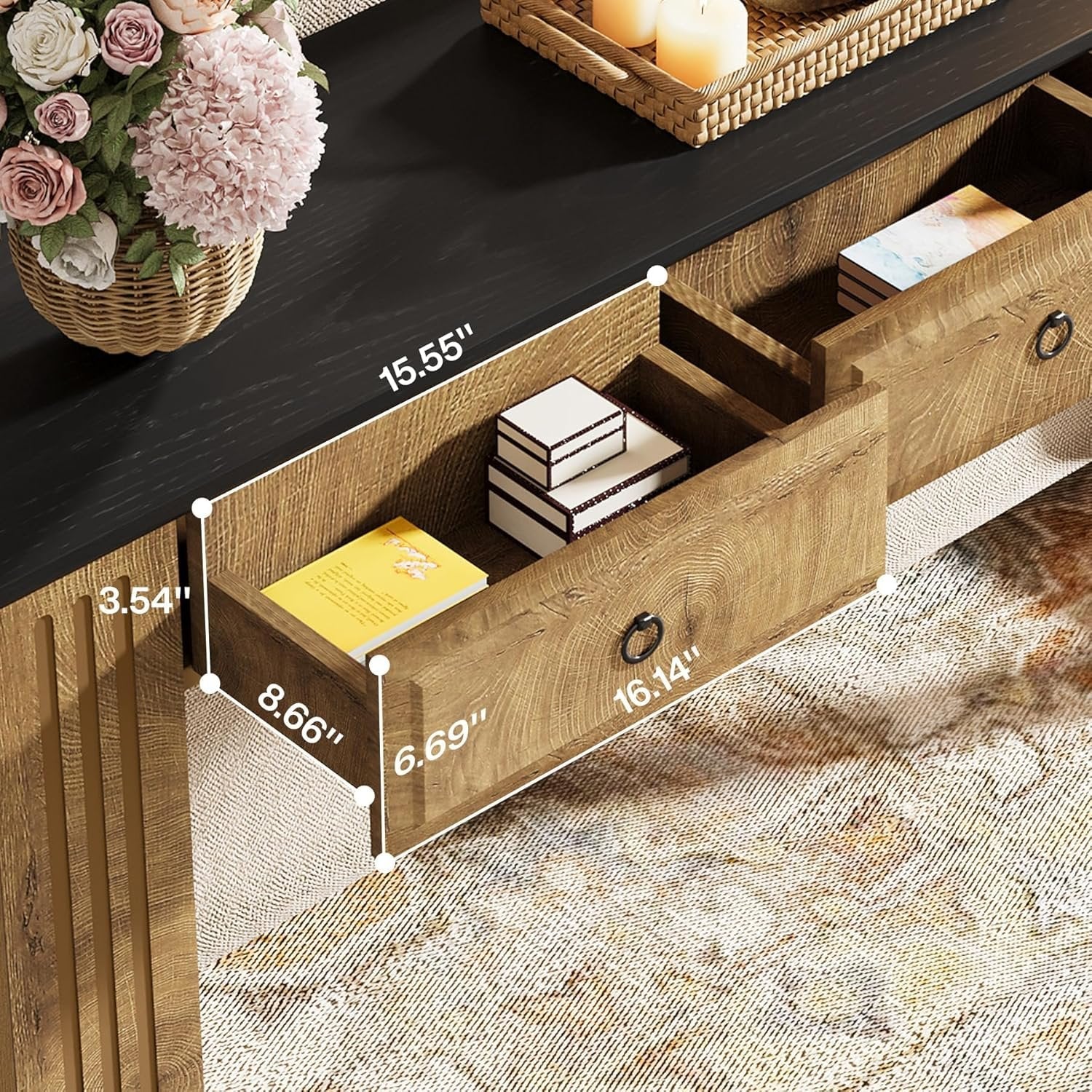 63" Console Table with 3 Drawers, Narrow Sofa Table Behind Couch