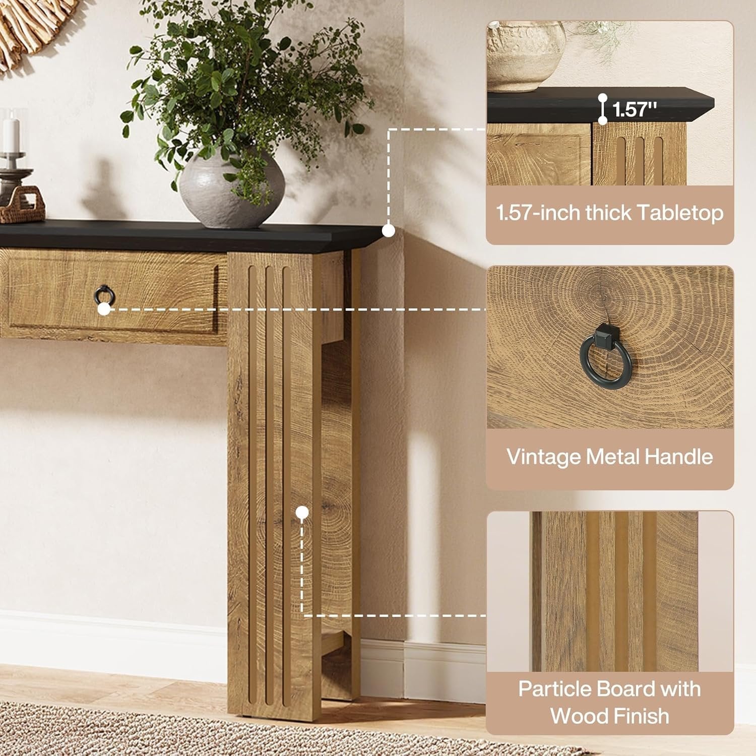 63" Console Table with 3 Drawers, Narrow Sofa Table Behind Couch