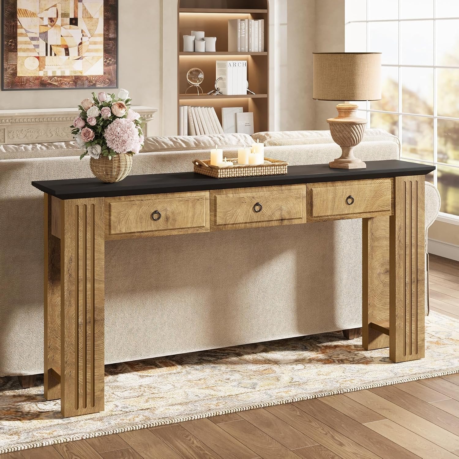 63" Console Table with 3 Drawers, Narrow Sofa Table Behind Couch
