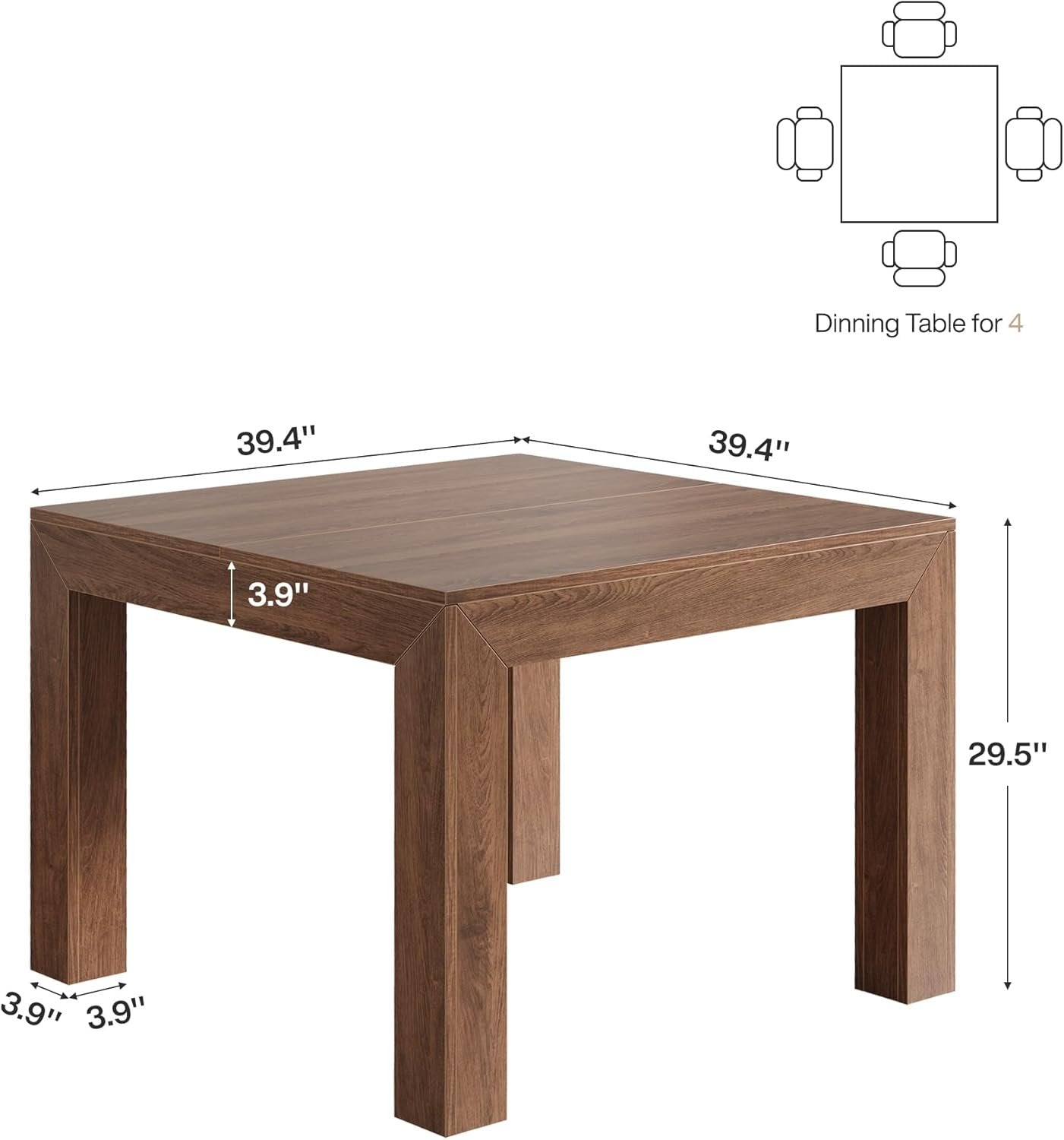 Square Dining Table for 4, 39.4" Kitchen Table with Robust Legs