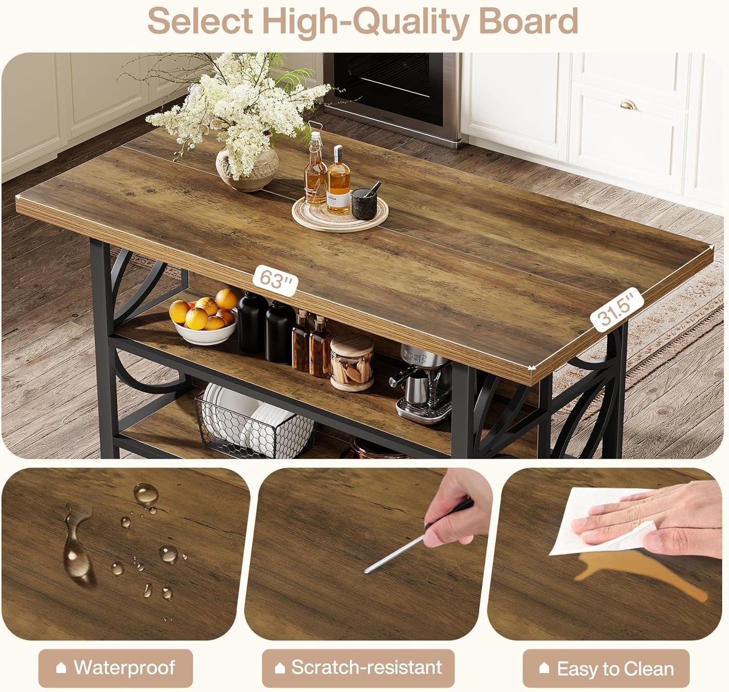 63" Kitchen Island with Storage, 2-Tier Kitchen Bar Table with Large Worktop