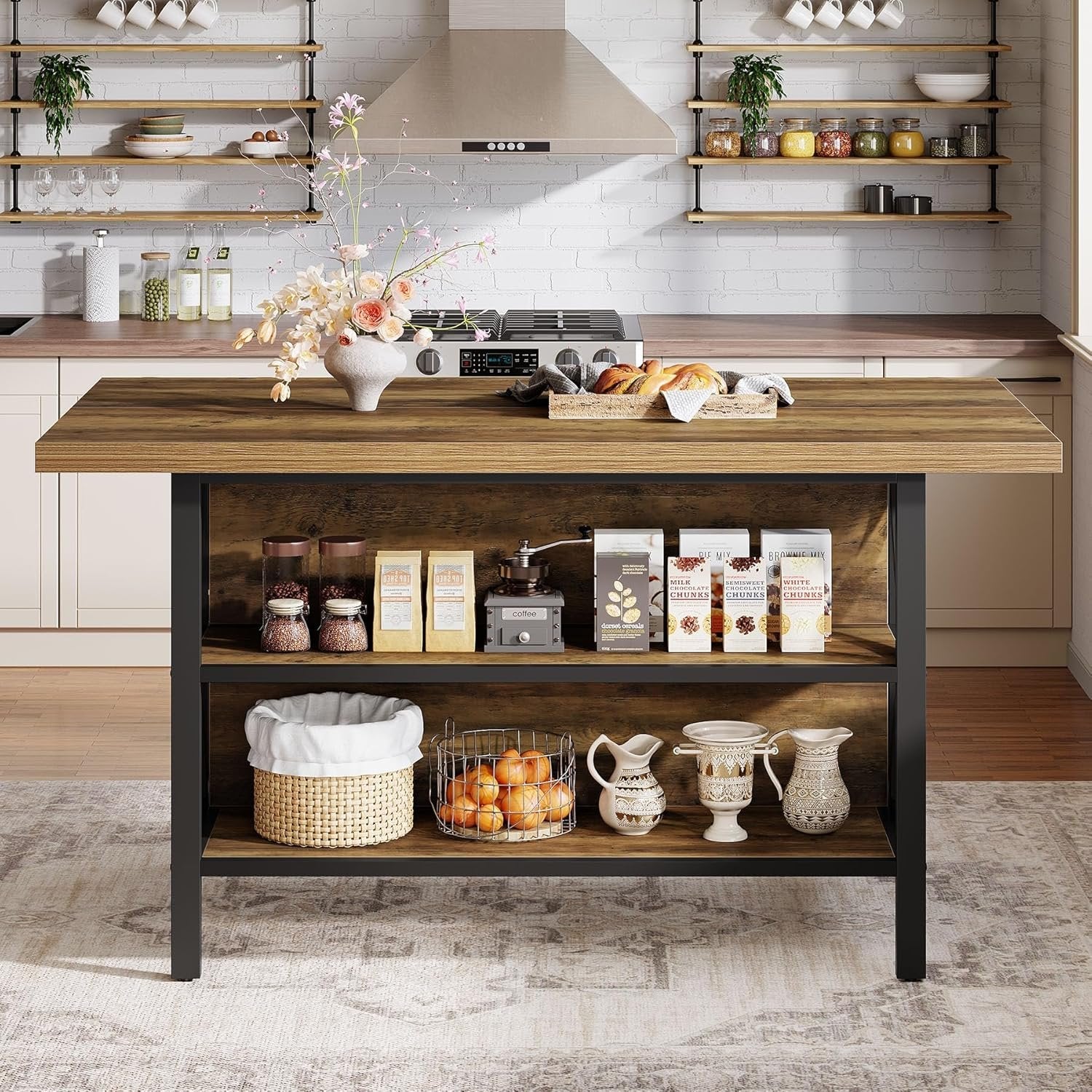 63" Kitchen Island with Storage, 2-Tier Kitchen Bar Table with Large Worktop