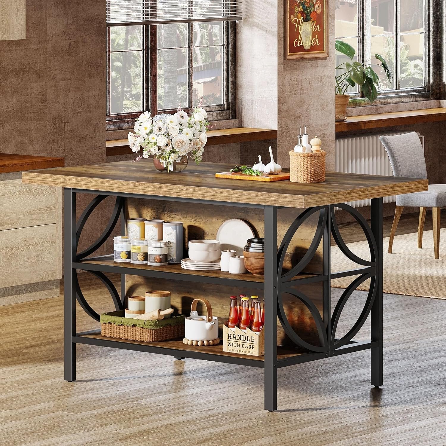 63" Kitchen Island with Storage, 2-Tier Kitchen Bar Table with Large Worktop