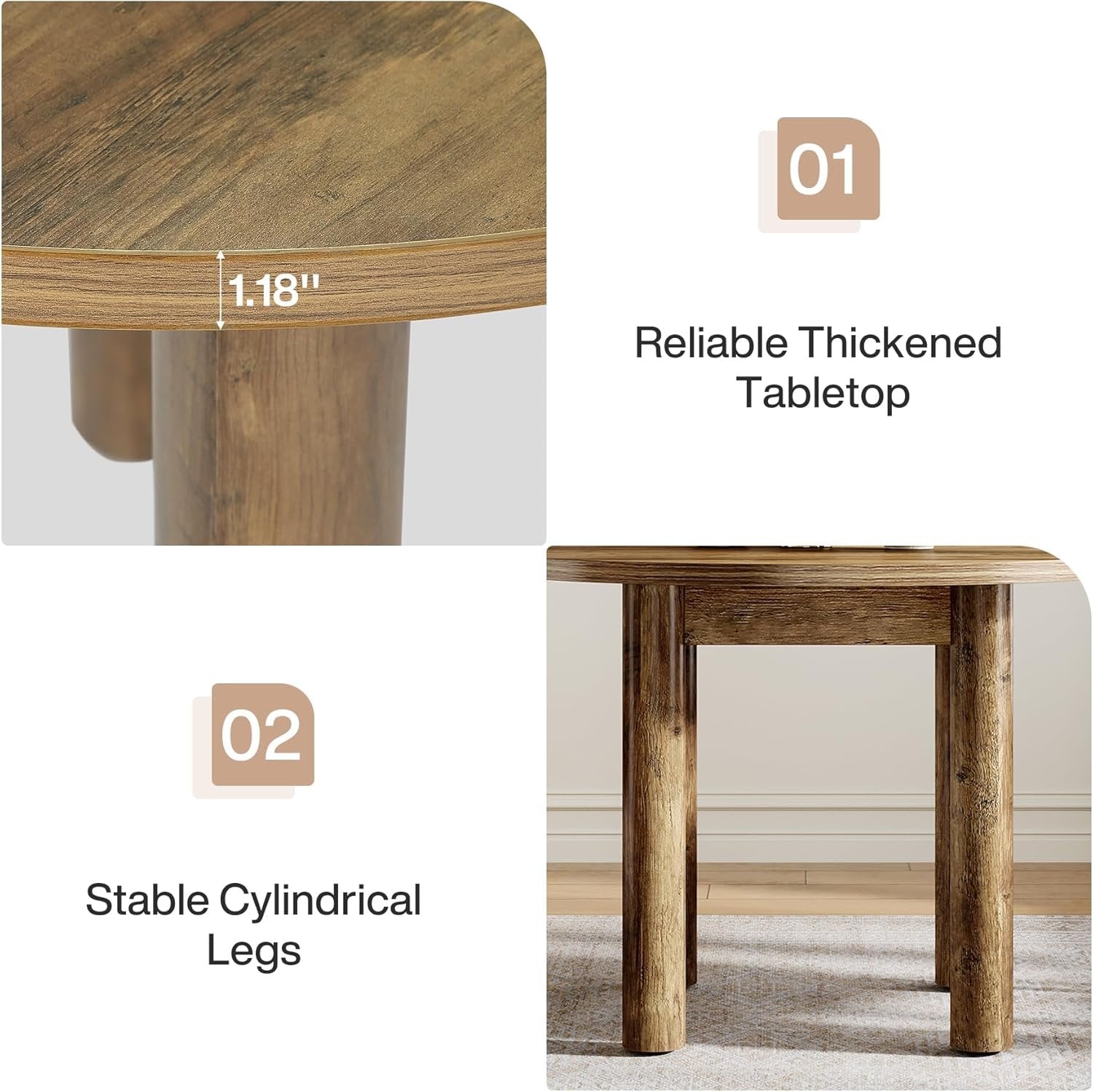 Round Dining Table, 39" Farmhouse Kitchen Table with Sturdy Legs for 4