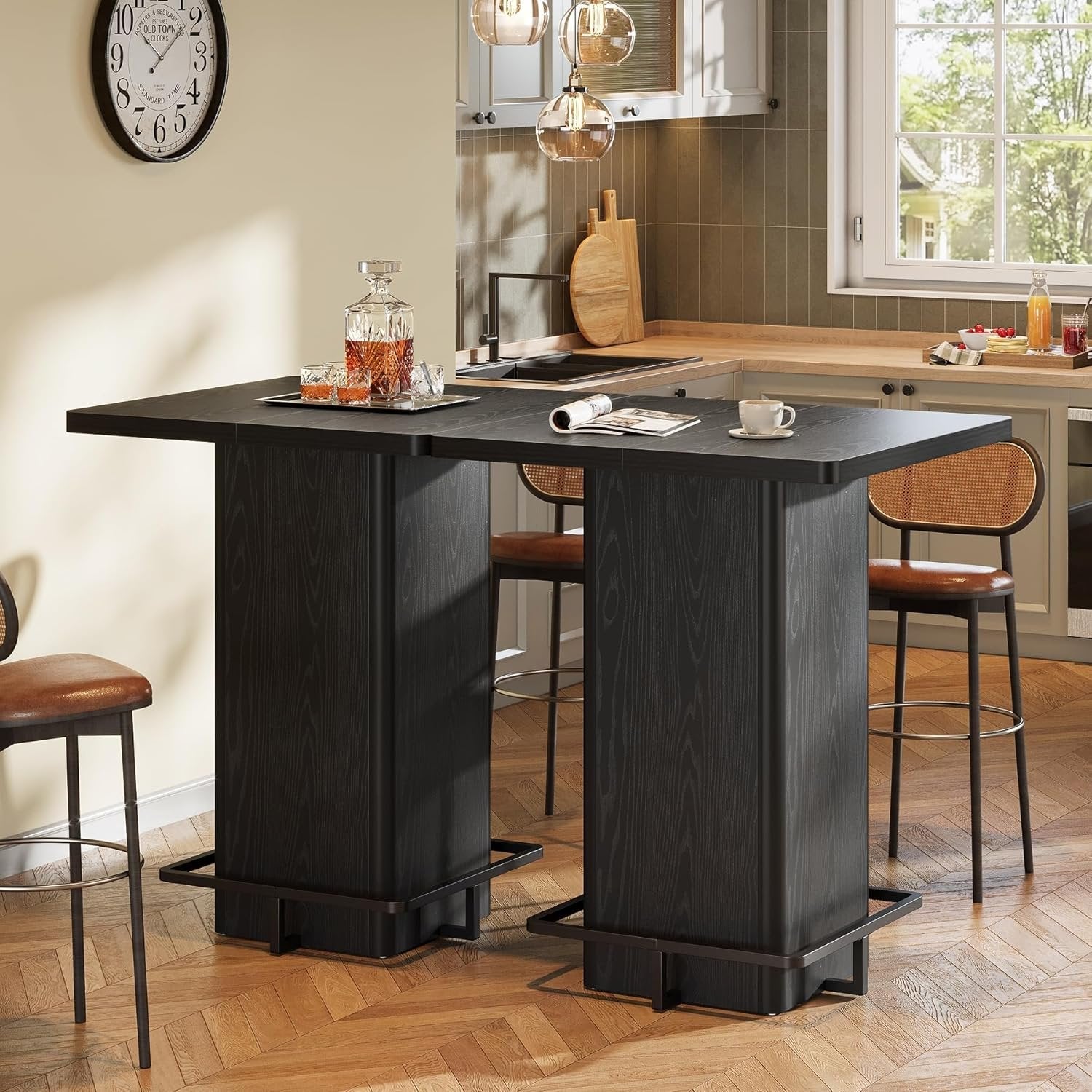 Square Bar Table, 39.37" Bistro Pub Table with Metal Frame Footrest