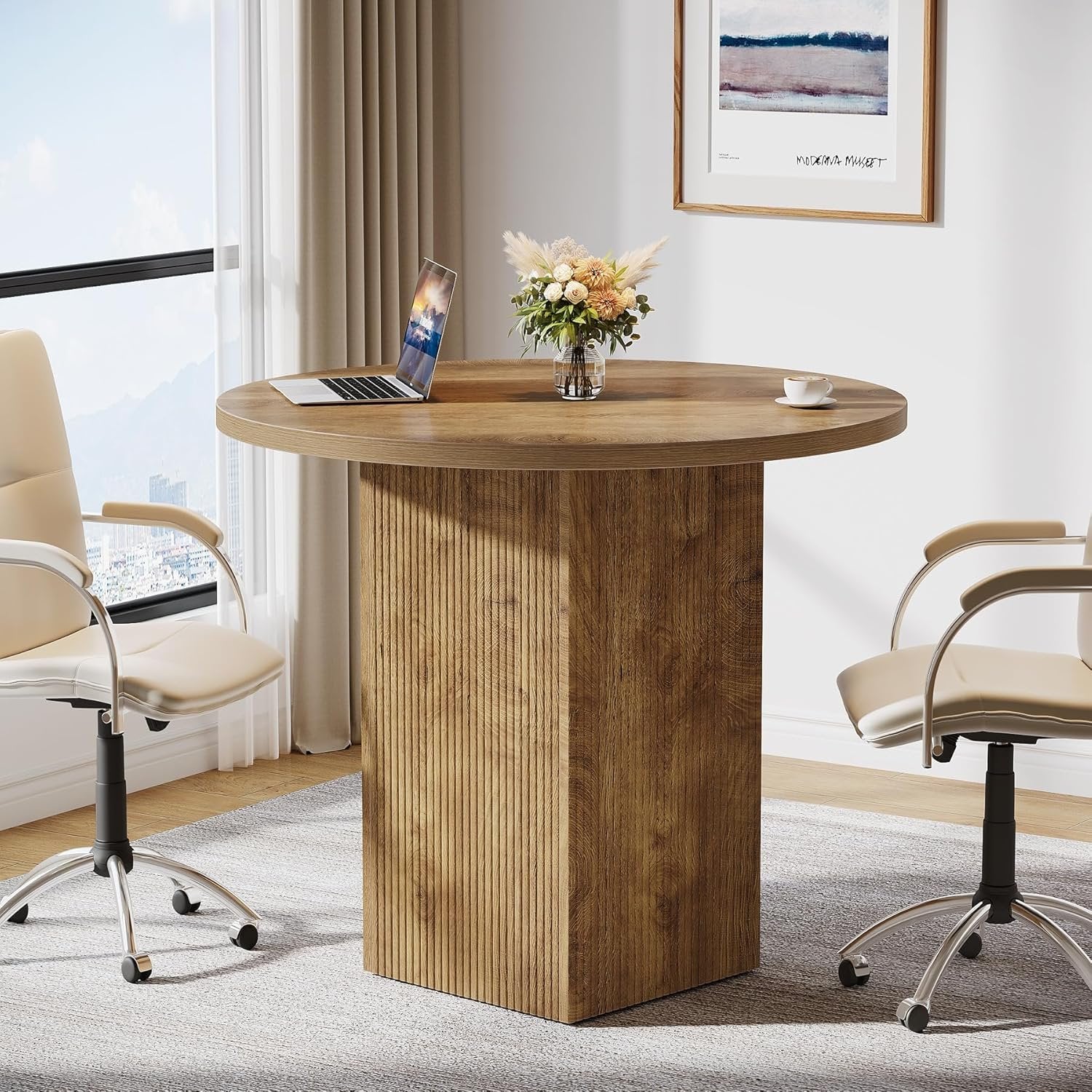 31.5" Round Conference Room Table, Small Office Table with Wooden Fluted Pedestal