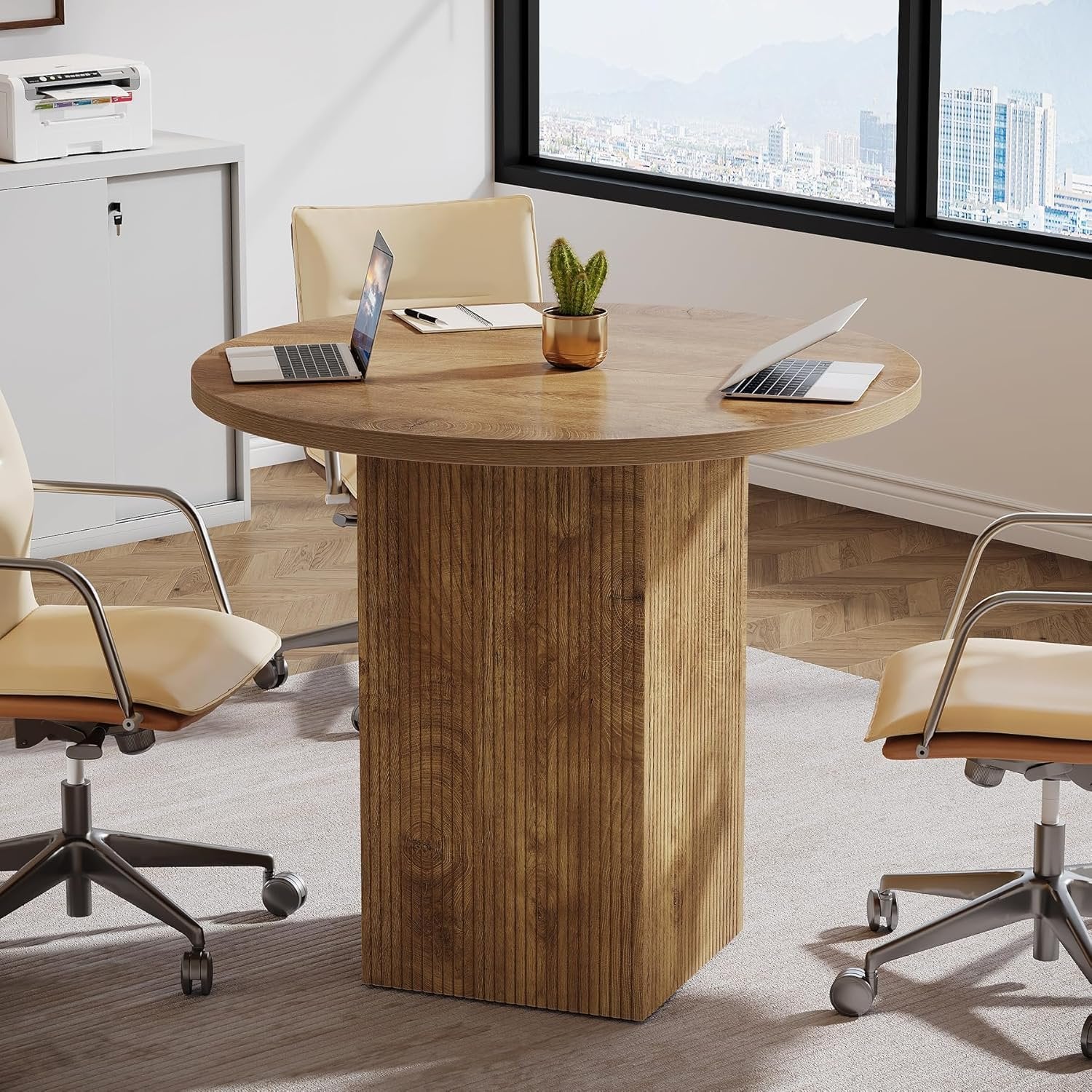 31.5" Round Conference Room Table, Small Office Table with Wooden Fluted Pedestal