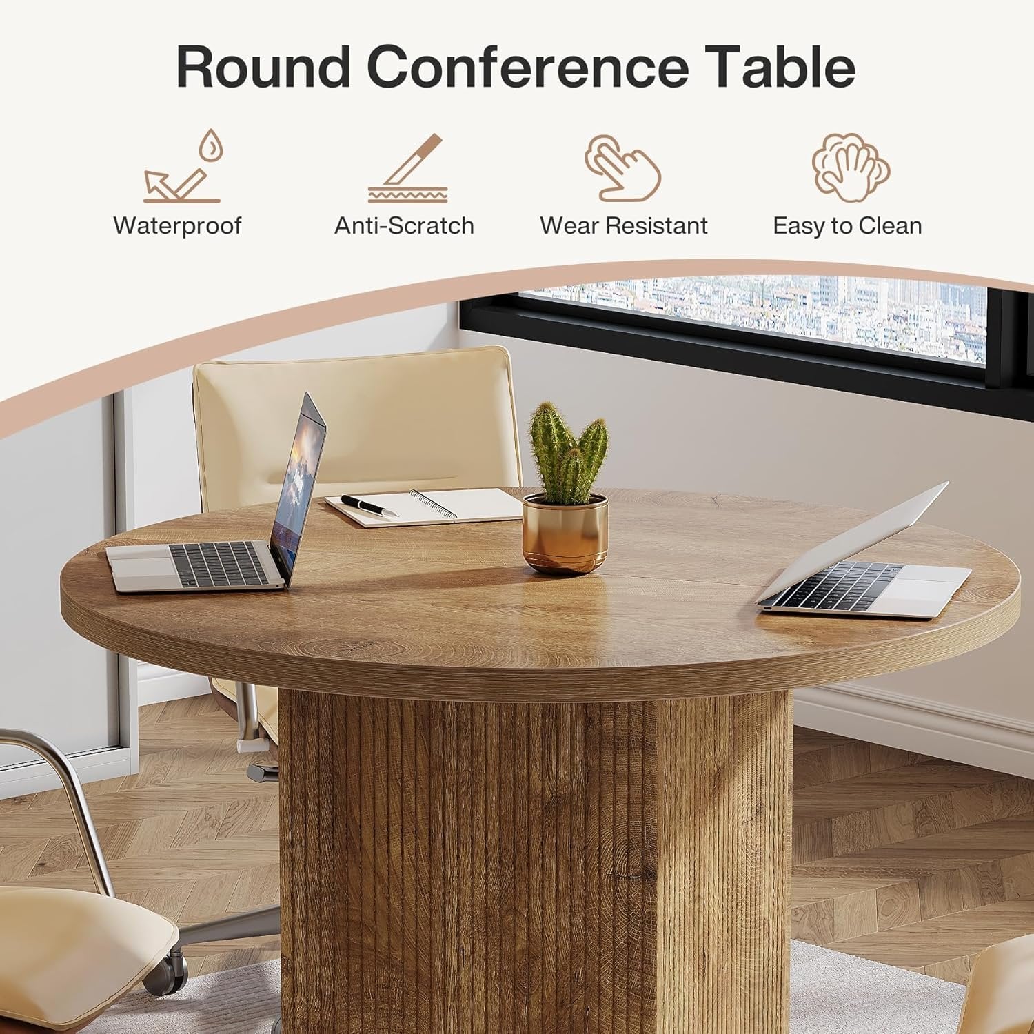 31.5" Round Conference Room Table, Small Office Table with Wooden Fluted Pedestal