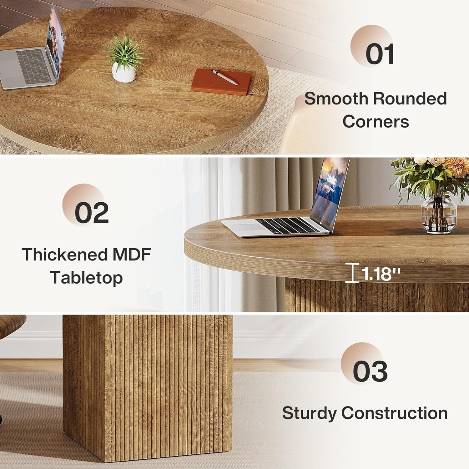 31.5" Round Conference Room Table, Small Office Table with Wooden Fluted Pedestal