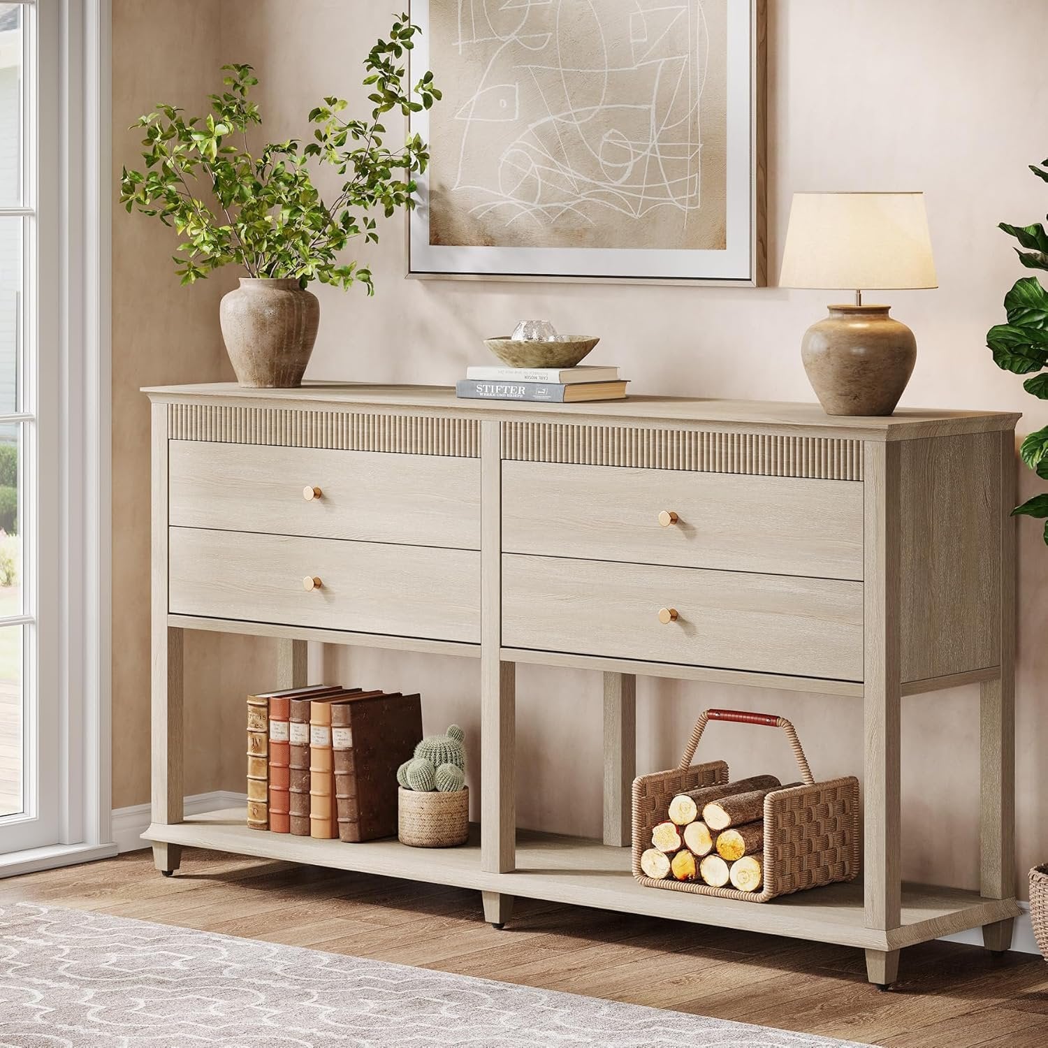 63" Console Table, Long Sofa Table with Drawers and Lower Shelf