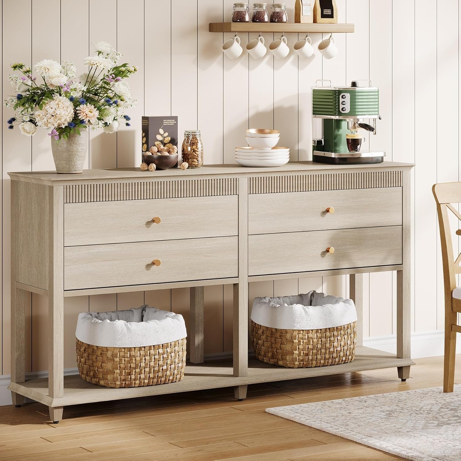 63" Buffet Sideboard, Large Coffee Cabinet with 4 Drawers & Storage Shelf