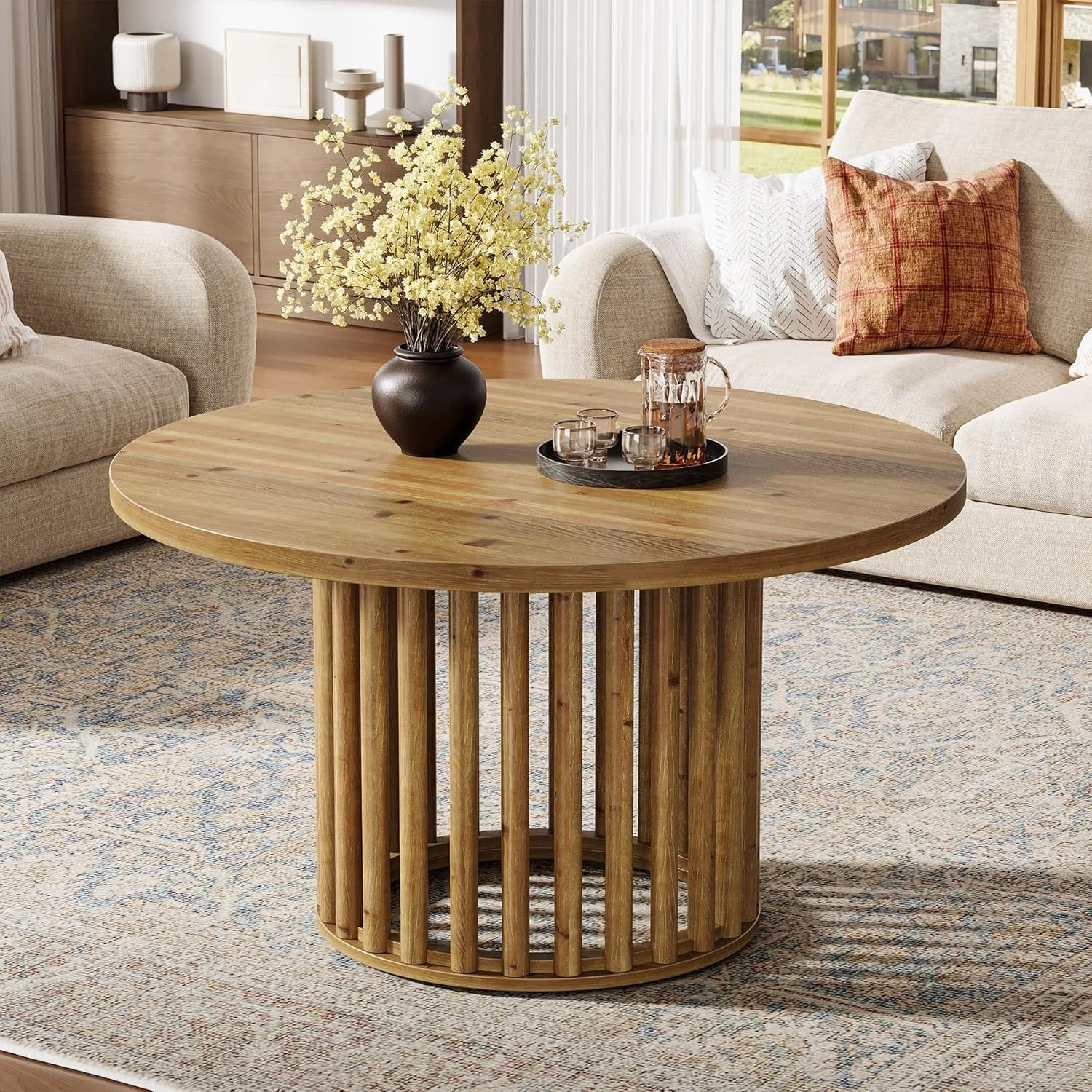 Solid Wood Round Coffee Table, 31.5" Center Tea Table with Cylindrical Hollow Base