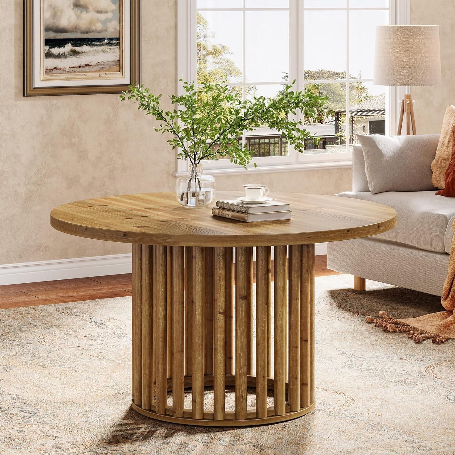 Solid Wood Round Coffee Table, 31.5" Center Tea Table with Cylindrical Hollow Base