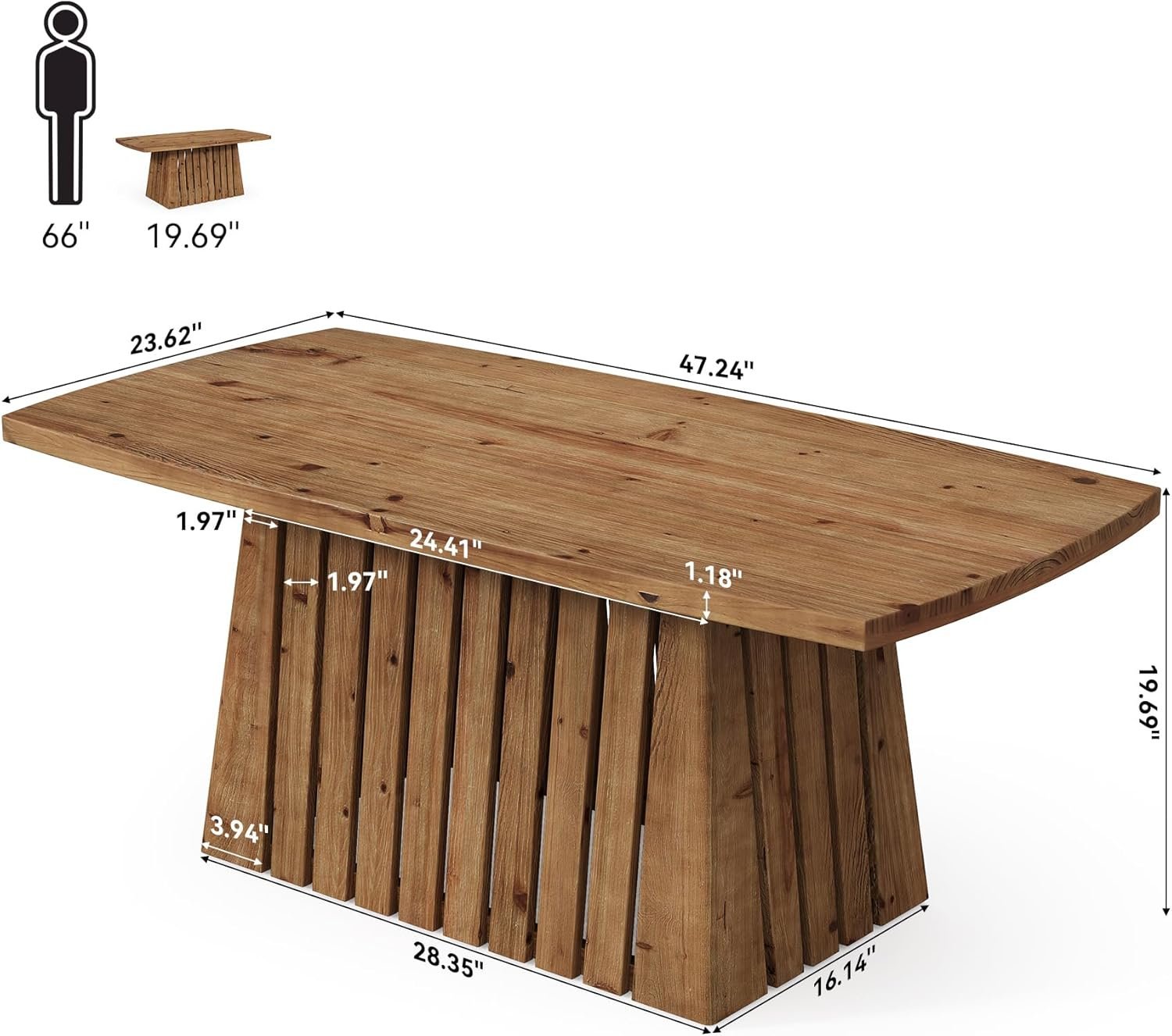 47" Coffee Table, Solid Wood Rectangular Center Table with Heavy-Duty Pedestal Base