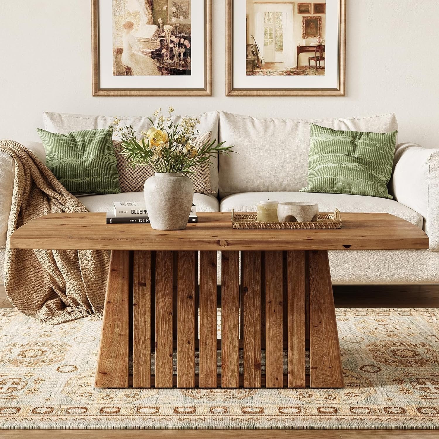 47" Coffee Table, Solid Wood Rectangular Center Table with Heavy-Duty Pedestal Base