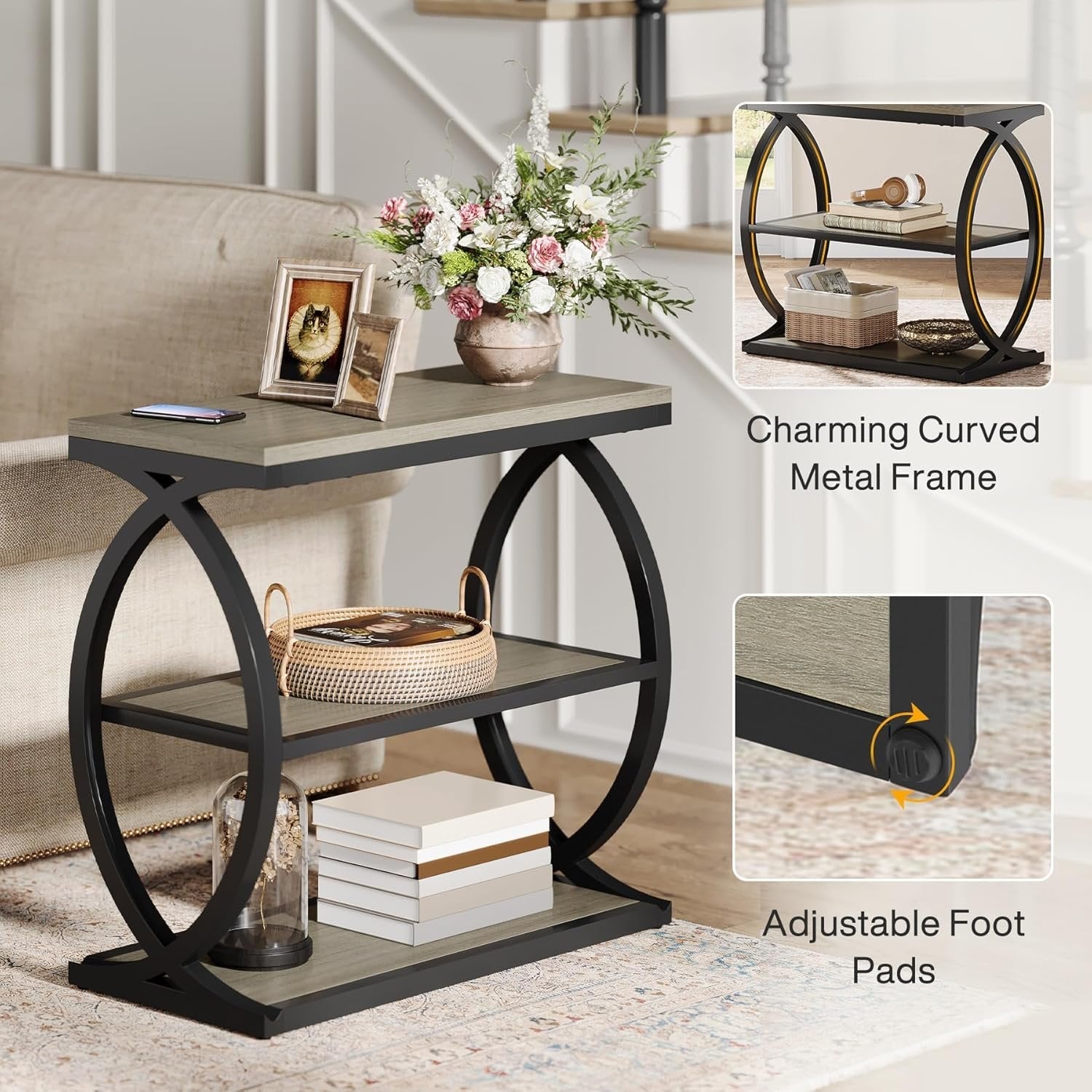 23.6" End Table, Narrow 3-Tier Side Table Nightstand for Living Room