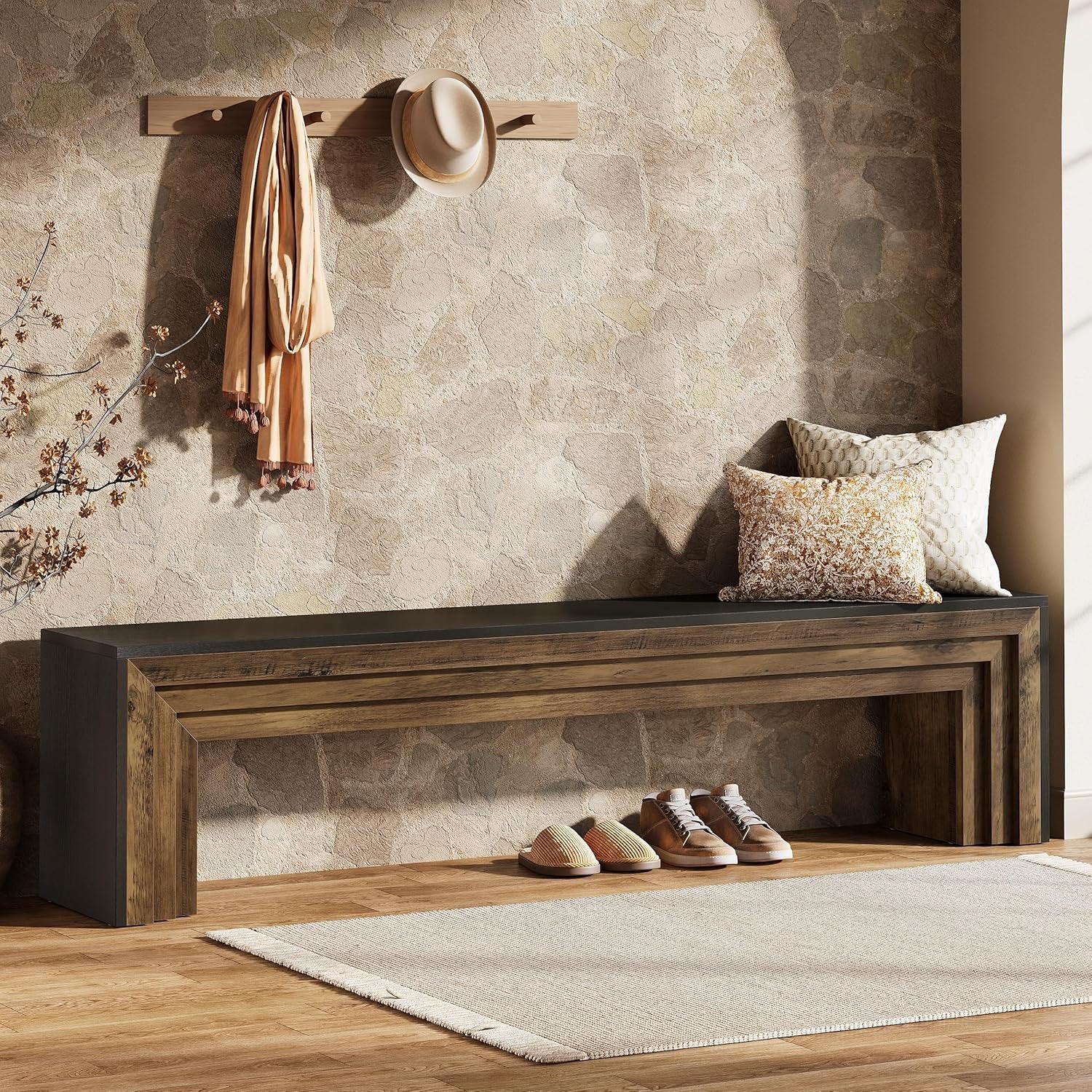 70.9" Entryway Bench, Farmhouse Shoe Bench End of Bed Bench with Layered Design