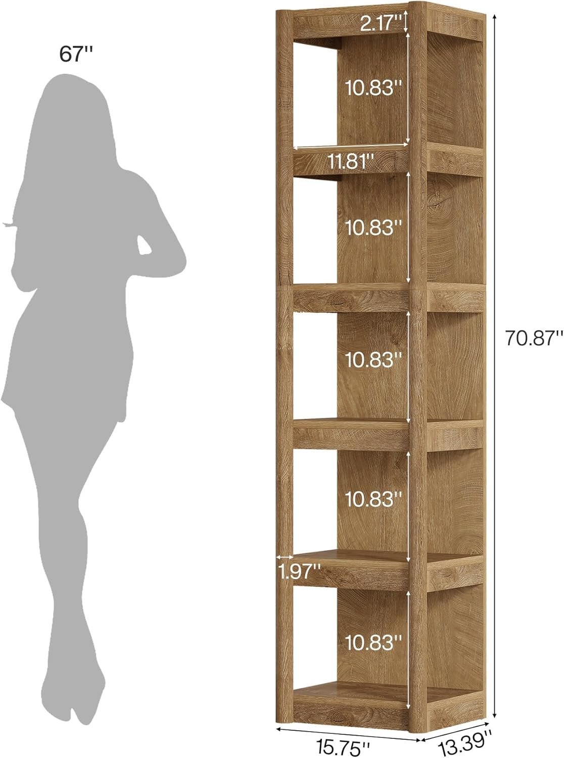 5-Tier Narrow Bookcase, 70.9" Farmhouse Bookshelf with Open Storage Rack