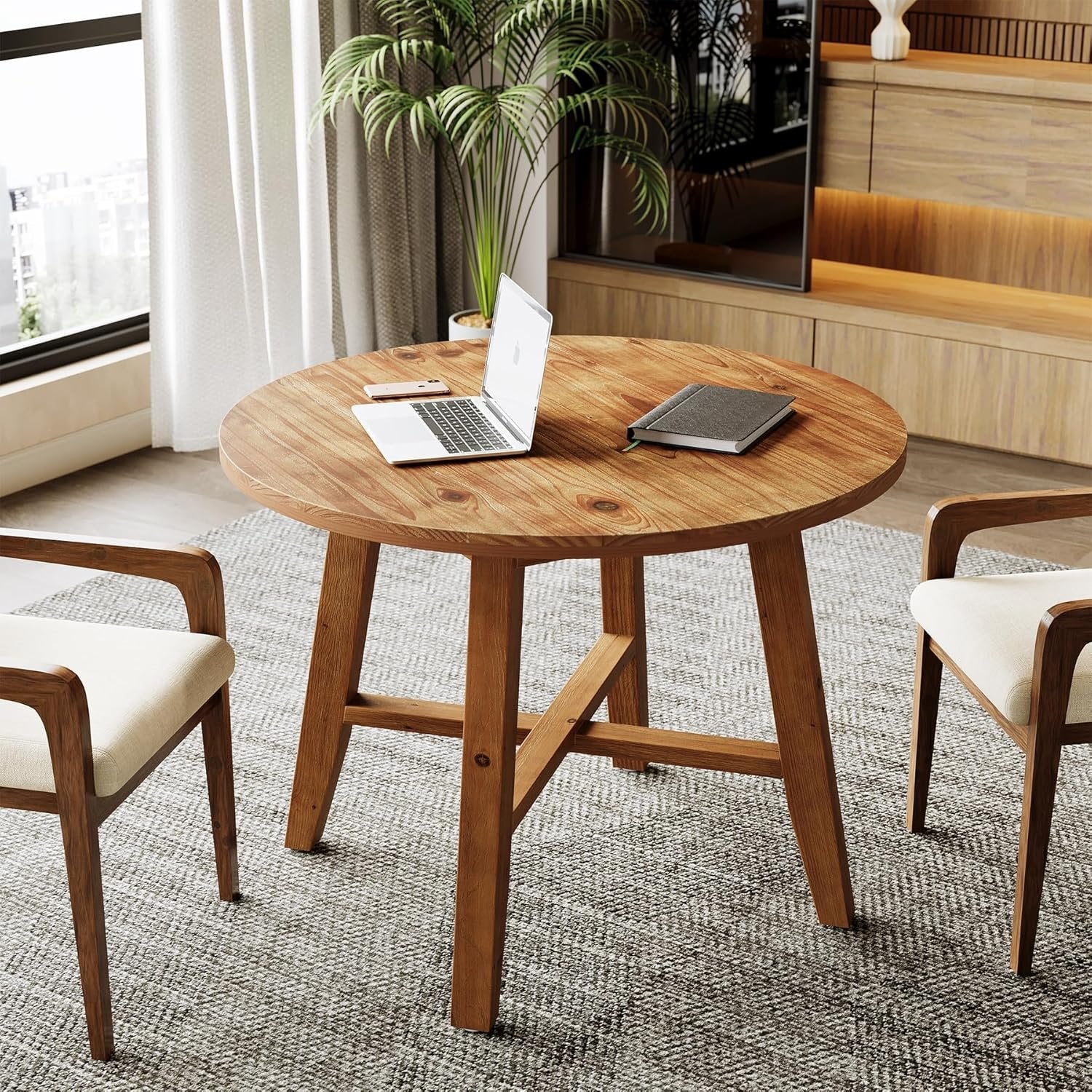31.5" Solid Wood Conference Table, Small Round Office Table for 2-4