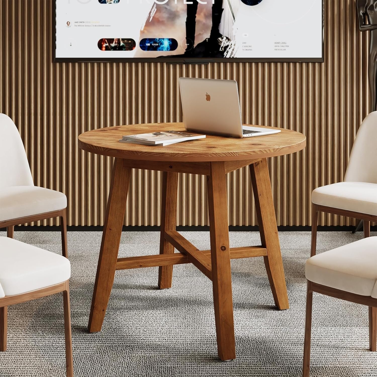31.5" Solid Wood Conference Table, Small Round Office Table for 2-4