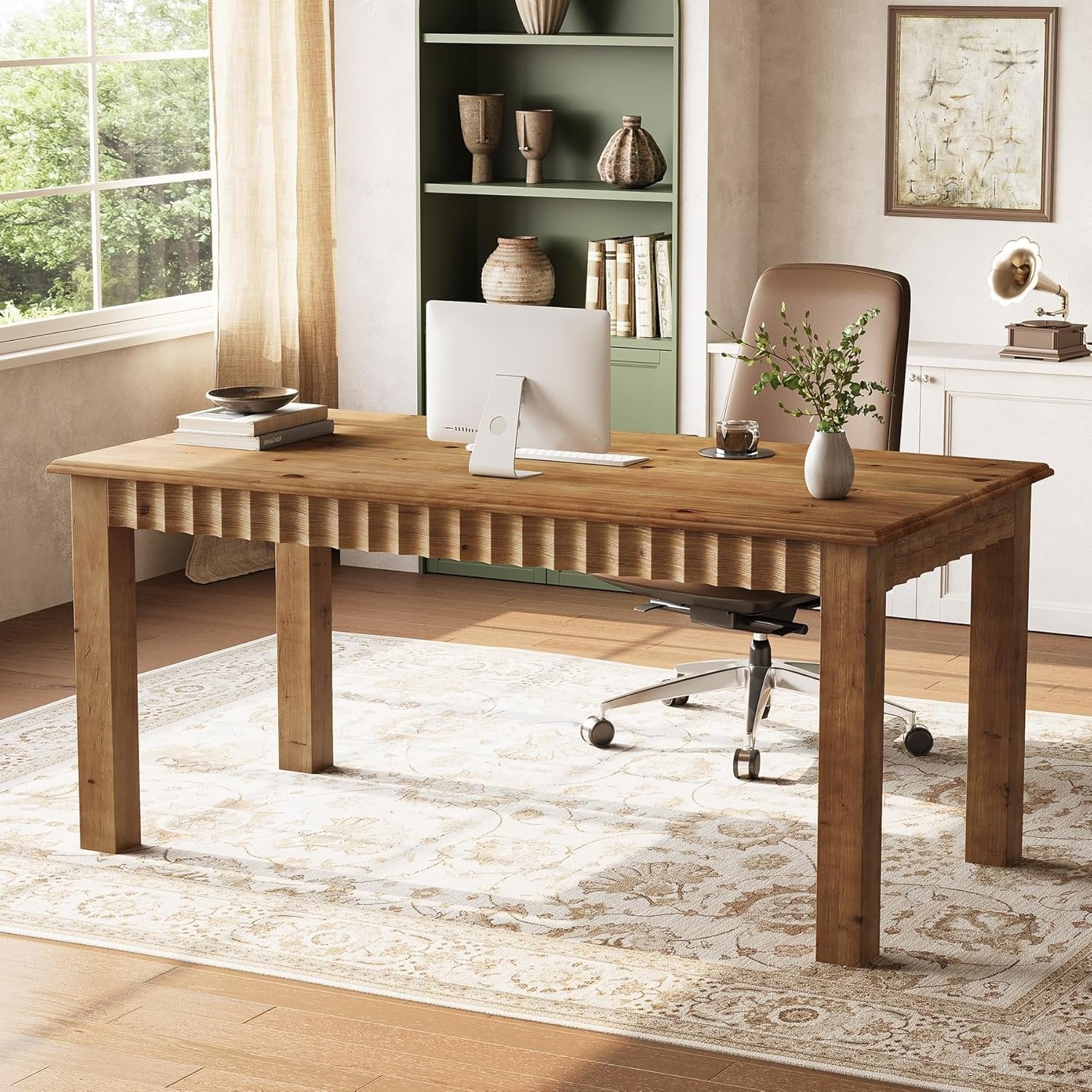 Solid Wood Computer Desk, 63" Home Office Desk with Sturdy Legs