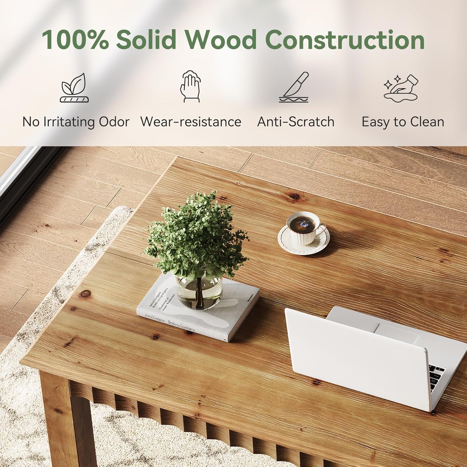 Solid Wood Computer Desk, 63" Home Office Desk with Sturdy Legs