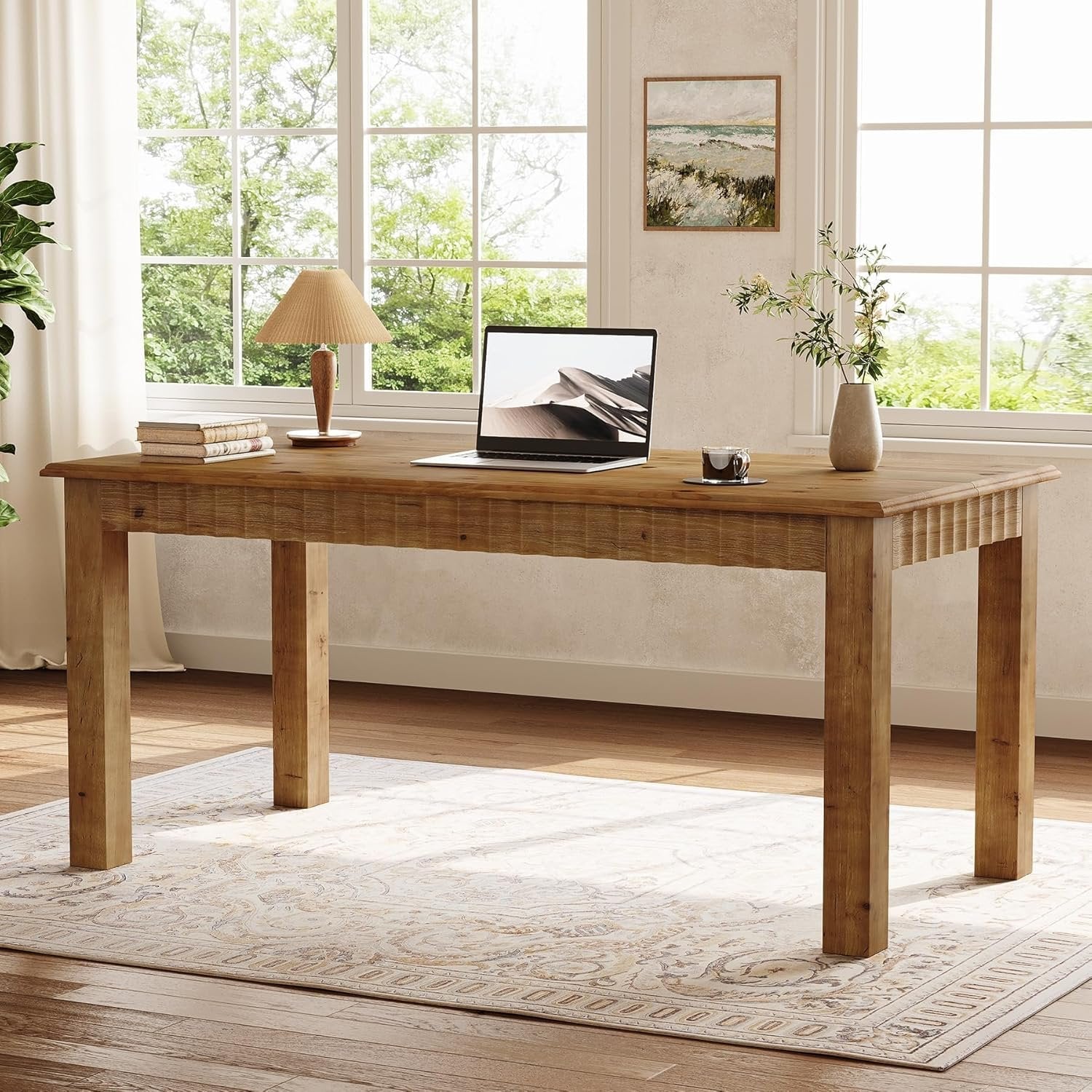 Solid Wood Computer Desk, 63" Home Office Desk with Sturdy Legs