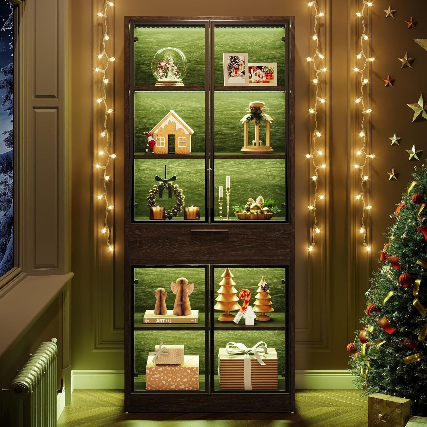 71" Display Cabinet, 5-Tier Curio Cabinet Display Case Bookcase with LED Lights