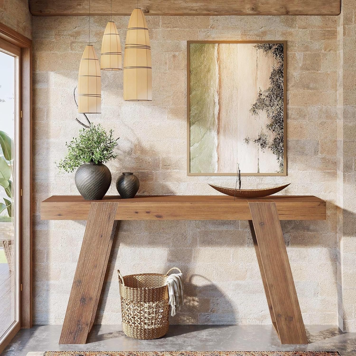 Solid Wood Console Table, 63" Narrow Sofa Table Behind Couch