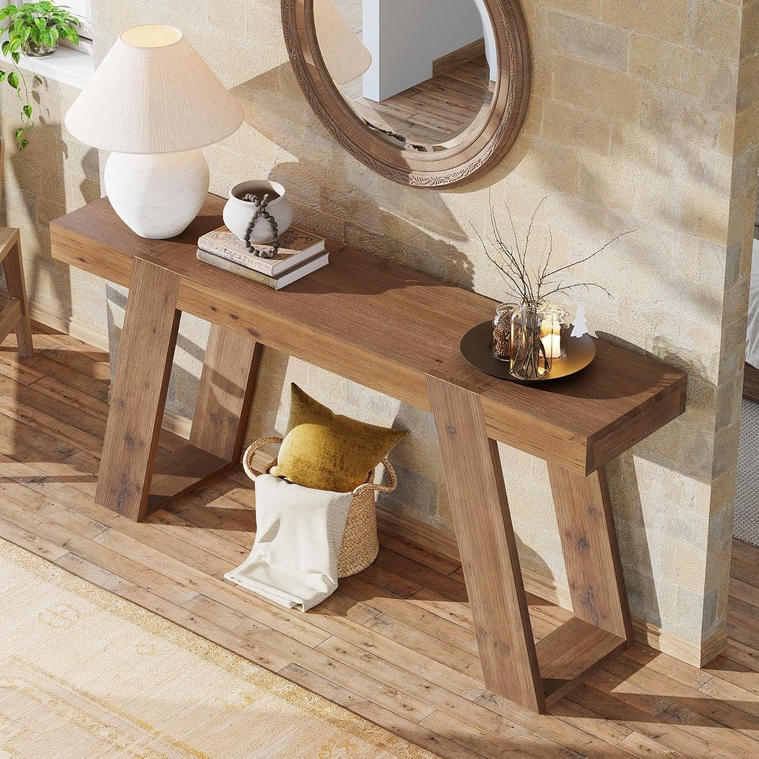 Solid Wood Console Table, 63" Narrow Sofa Table Behind Couch