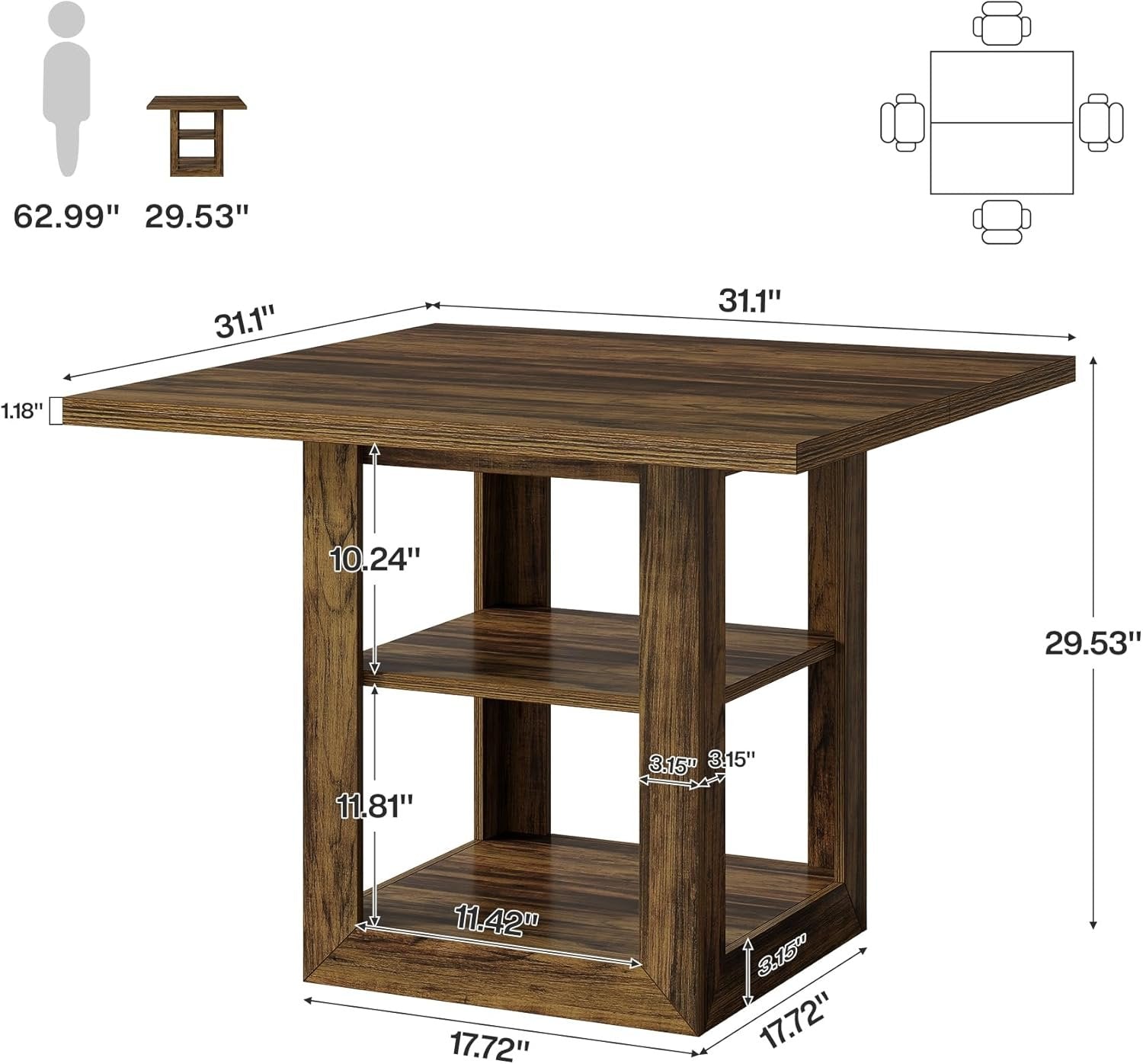 Square Conference Table for 4 People, 31.1" Meeting Table with 2-Tier Storage Shelf