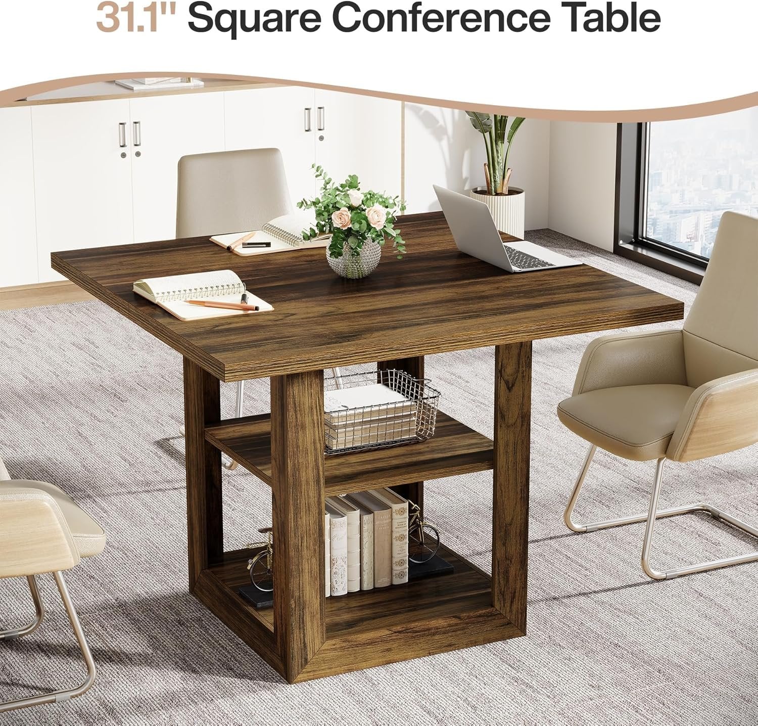 Square Conference Table for 4 People, 31.1" Meeting Table with 2-Tier Storage Shelf