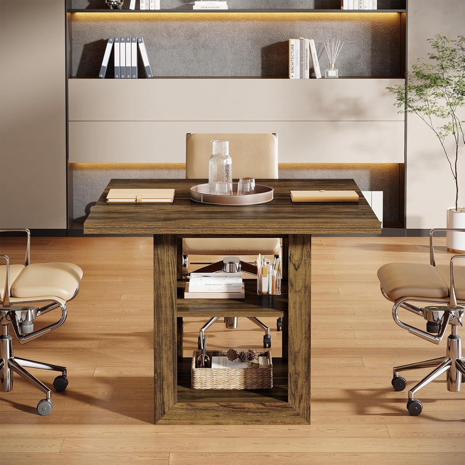 Square Conference Table for 4 People, 31.1" Meeting Table with 2-Tier Storage Shelf