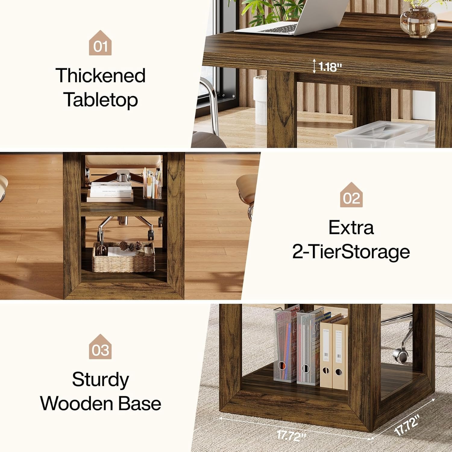 Square Conference Table for 4 People, 31.1" Meeting Table with 2-Tier Storage Shelf