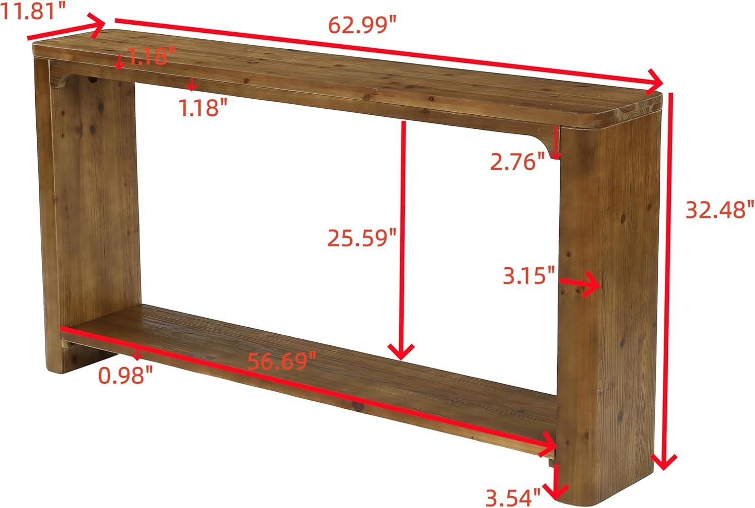 63" Solid Wood Console Table, Farmhouse Sofa Table Entryway Table with 2-Tier Storage
