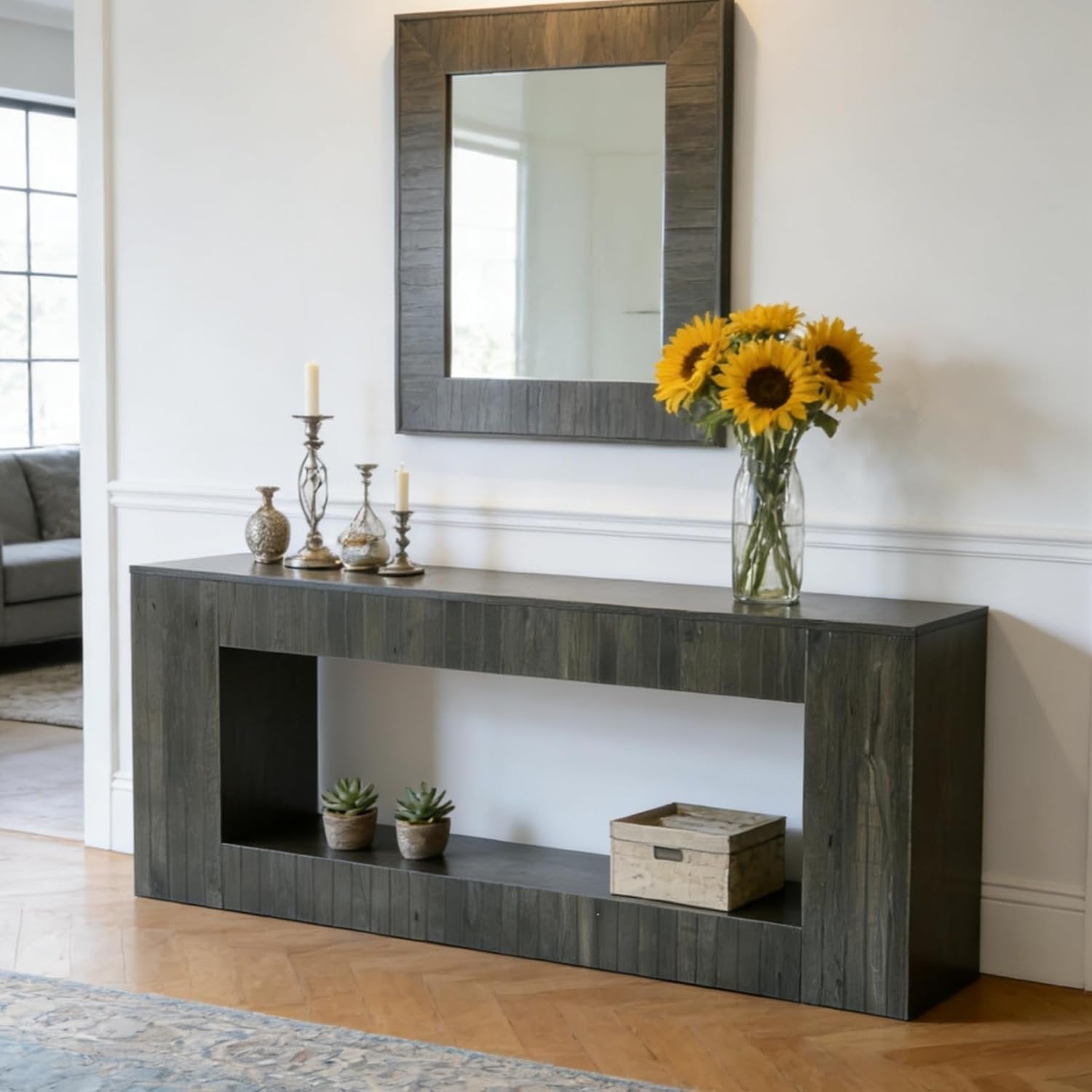 63“ Low Sofa Console Table, 2-Tier Wooden Entryway Table with Storage Shelf