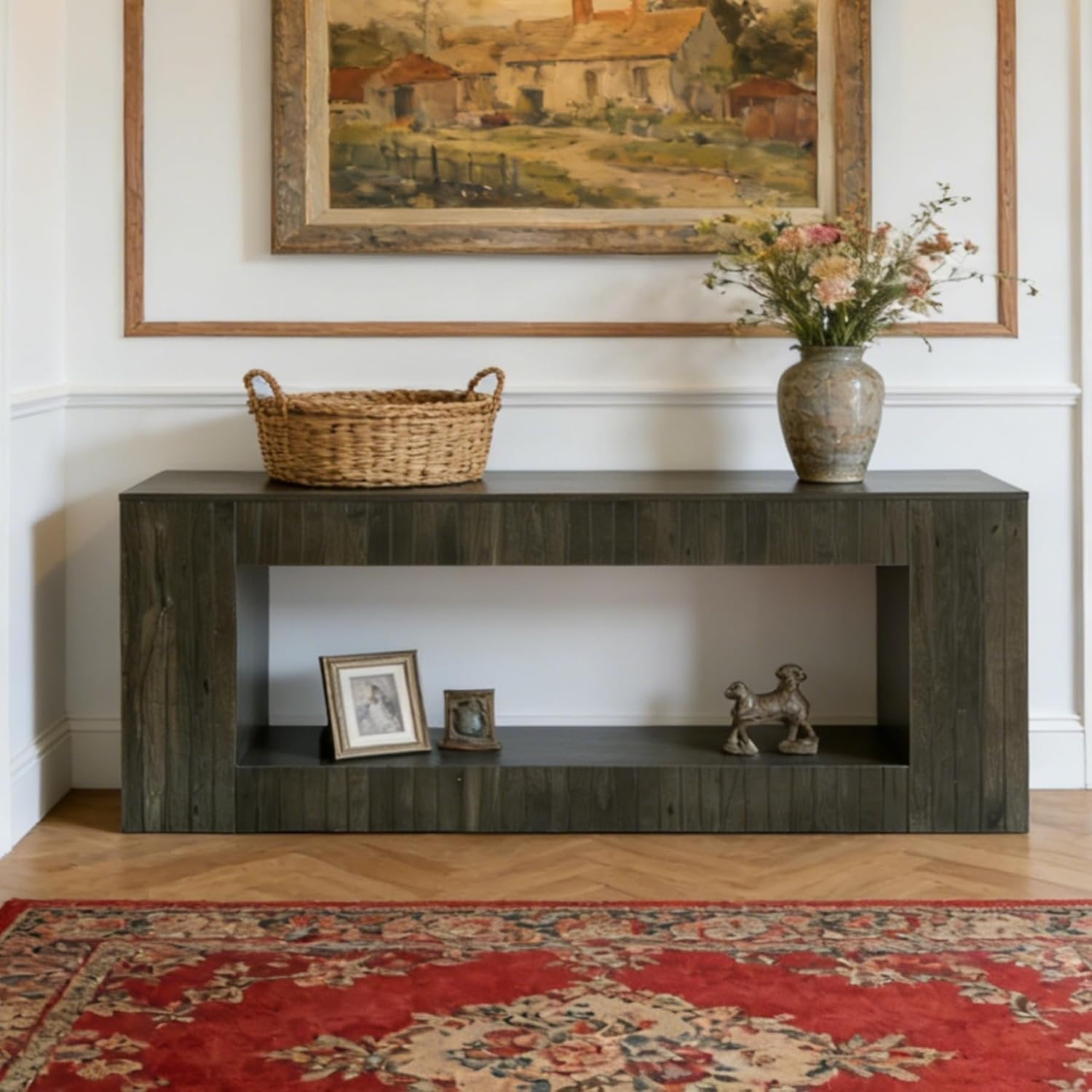 63“ Low Sofa Console Table, 2-Tier Wooden Entryway Table with Storage Shelf