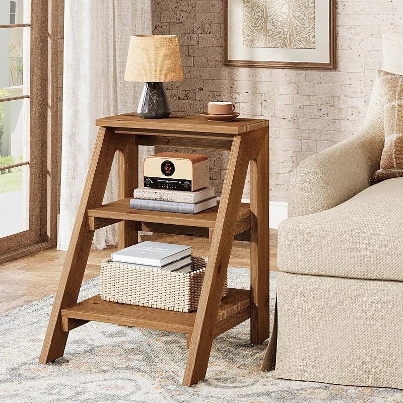 Solid Wood End Table, 3-Tier Farmhouse Side Table with Shelves