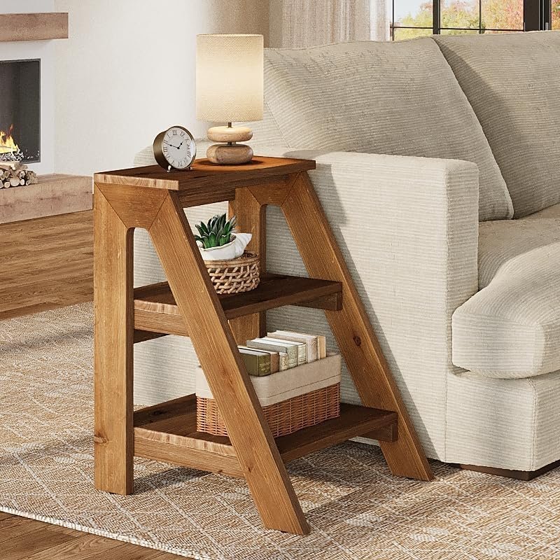 Solid Wood End Table, 3-Tier Farmhouse Side Table with Shelves