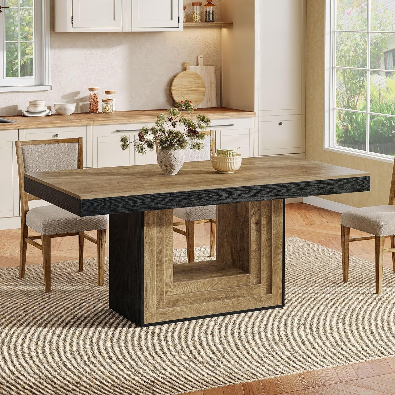 63" Farmhouse Dining Table, Rectangle Kitchen Dinner Table for 4-6 People