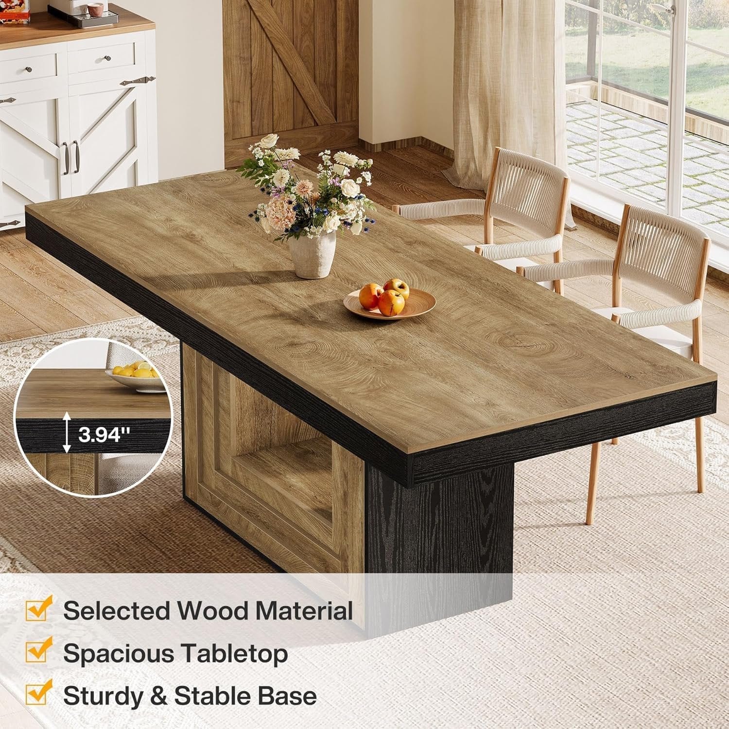 63" Farmhouse Dining Table, Rectangle Kitchen Dinner Table for 4-6 People