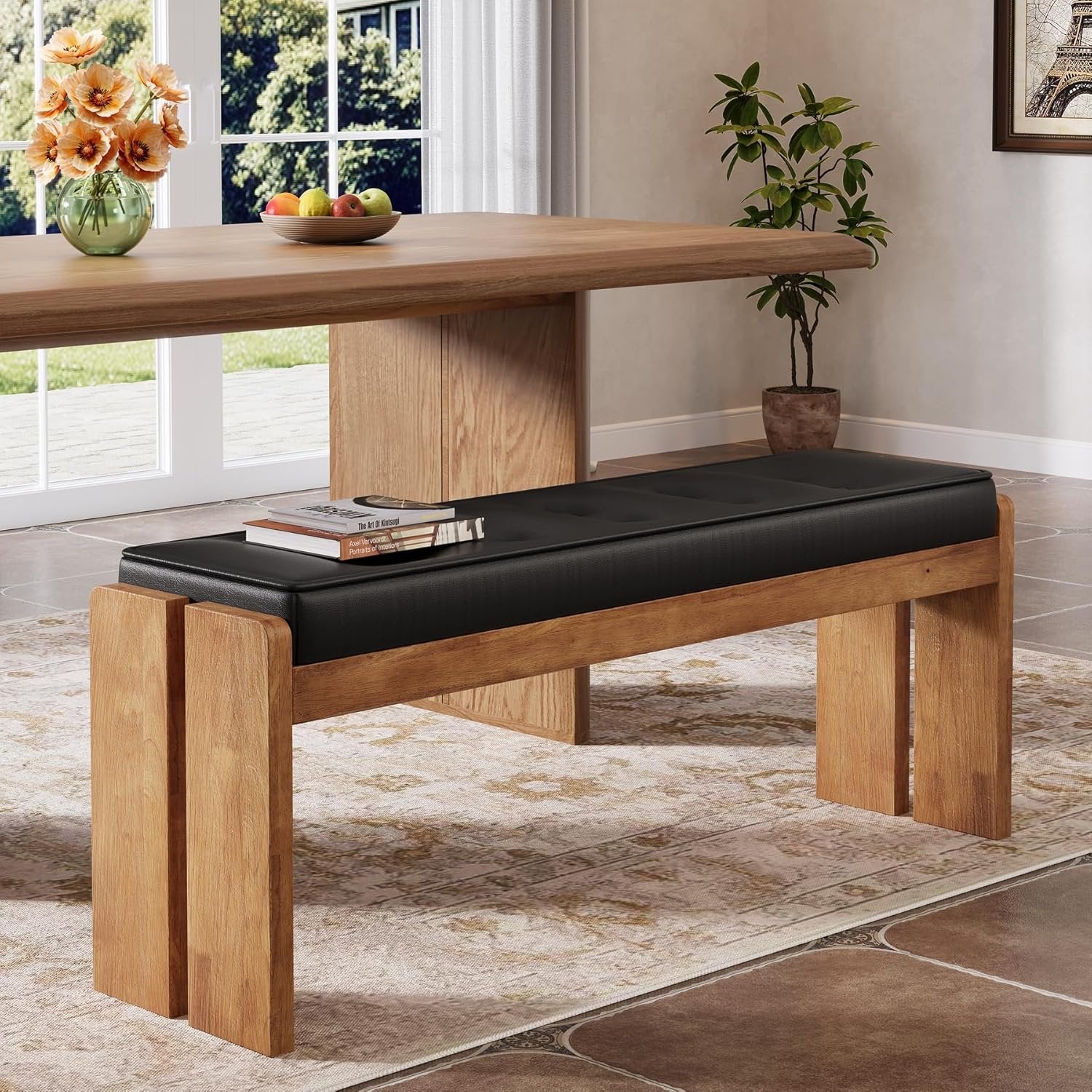 47" Wood Dining Bench, Modern Kitchen Table Bench with Button-Tufted Leather Pad